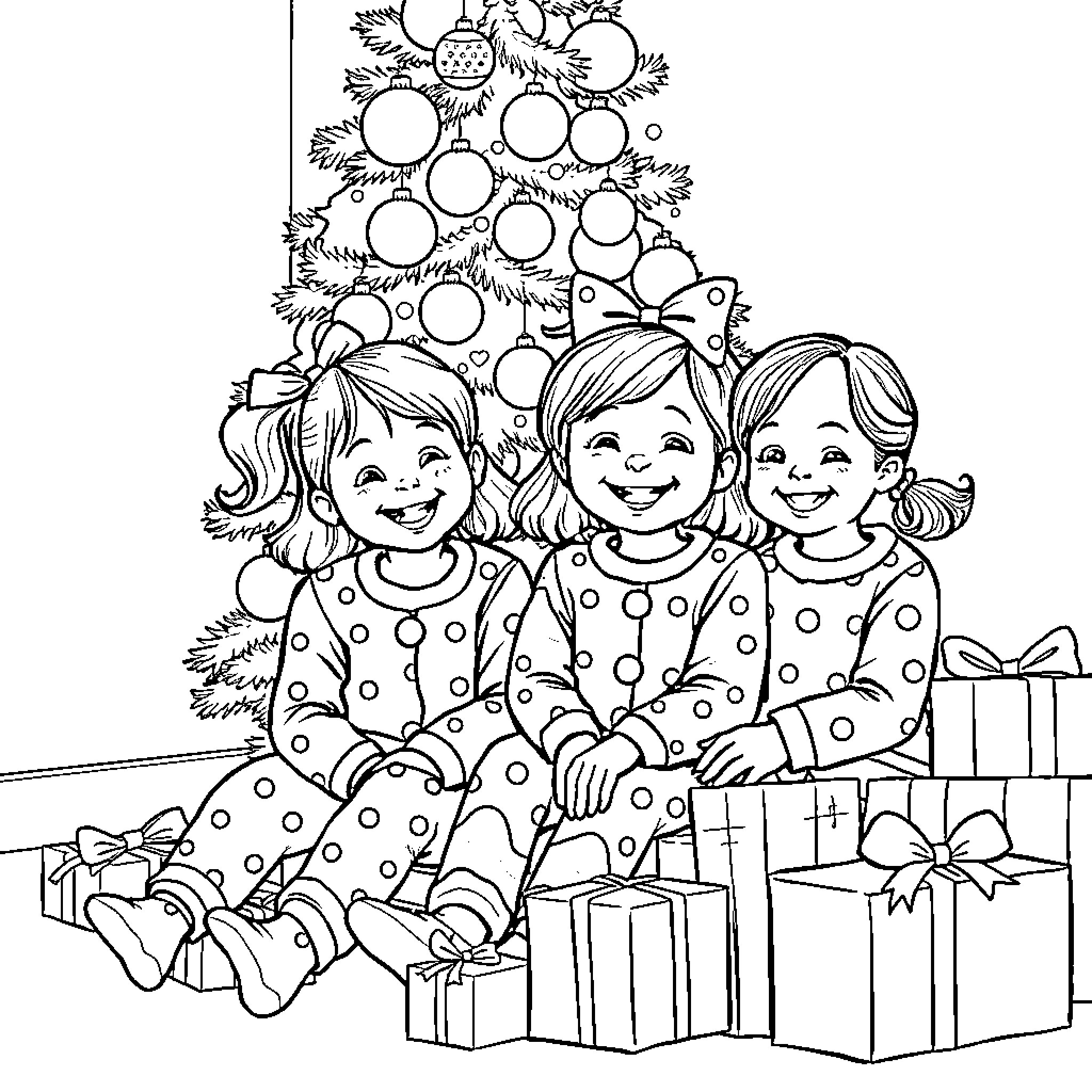 Girls happily celebrate Christmas with tree and gifts Coloring Page (free black-and-white line drawing printable PDF for all, from beginners to advanced learners, including children, teens, adults, and seniors)