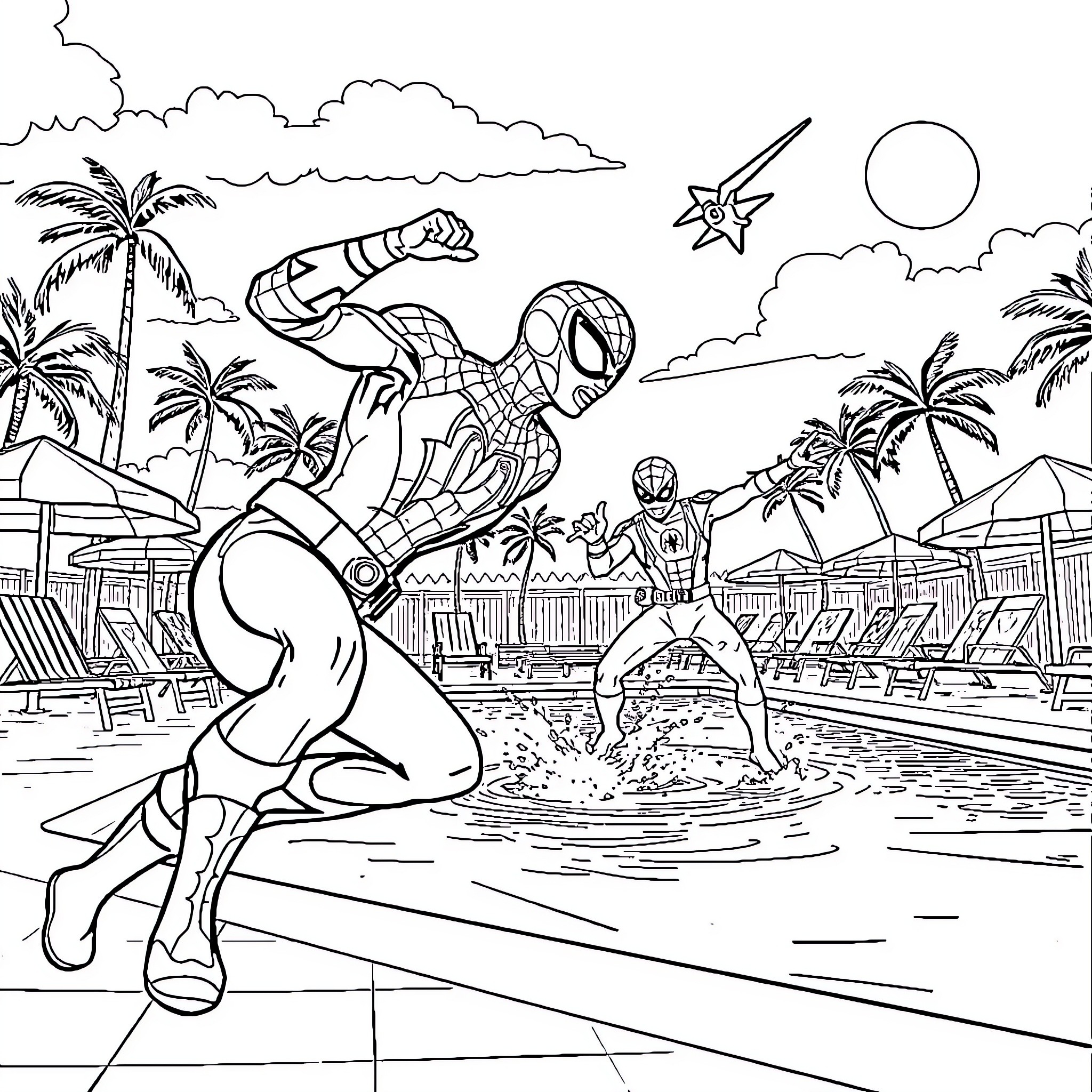 Power Rangers in Action at the Beach Coloring Page (free black-and-white line drawing printable PDF for all, from beginners to advanced learners, including children, teens, adults, and seniors)
