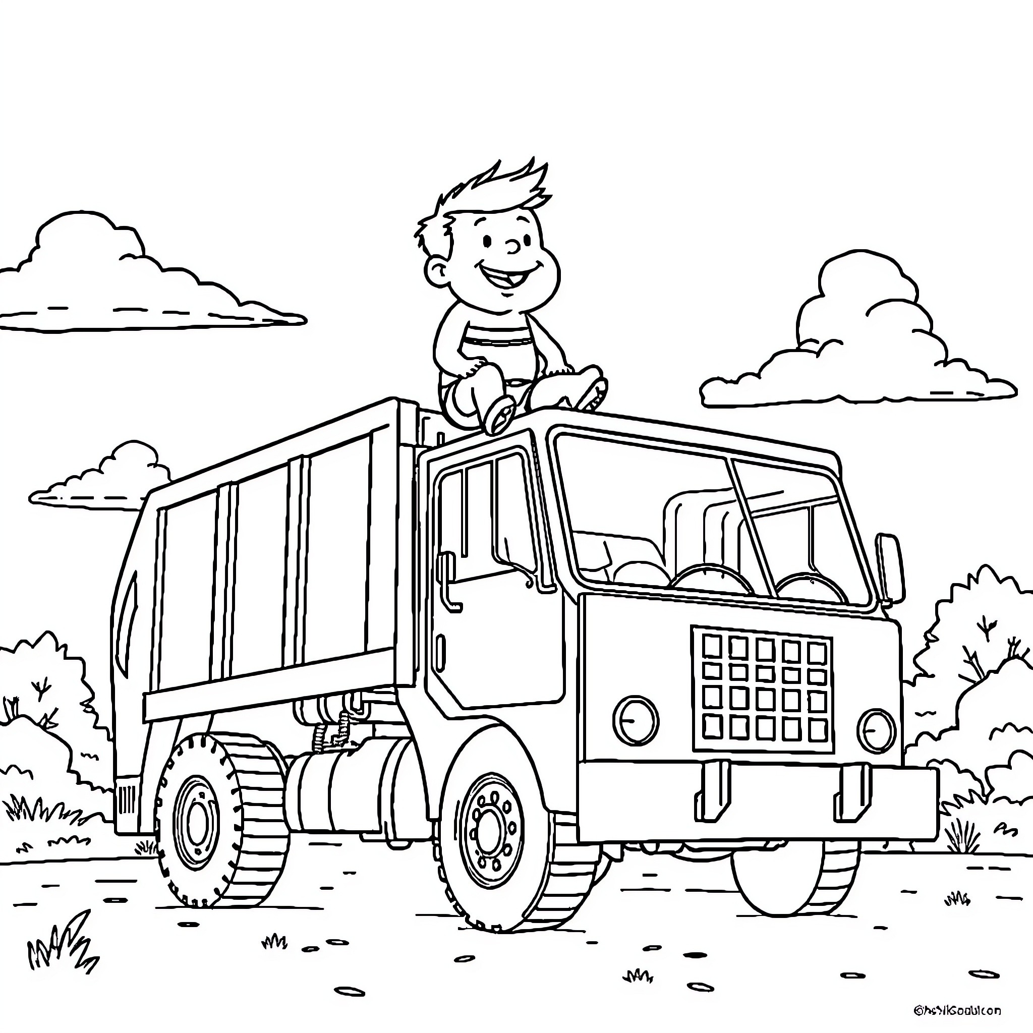 Hank's Fun Ride on the Dump Truck Coloring Page (free black-and-white line drawing printable PDF for all, from beginners to advanced learners, including children, teens, adults, and seniors)