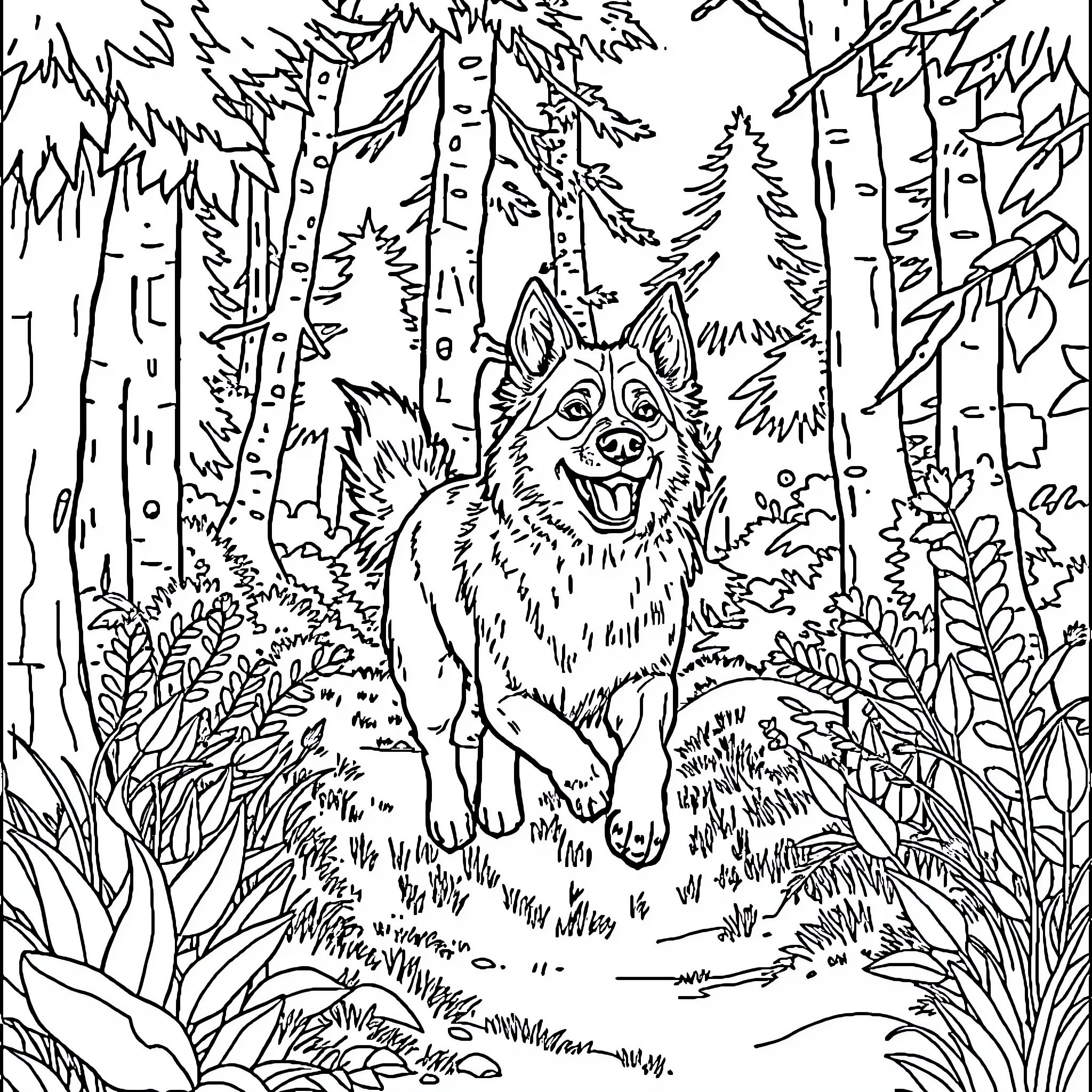 Dog playfully exploring the forest Coloring Page (free black-and-white line drawing printable PDF for all, from beginners to advanced learners, including children, teens, adults, and seniors)