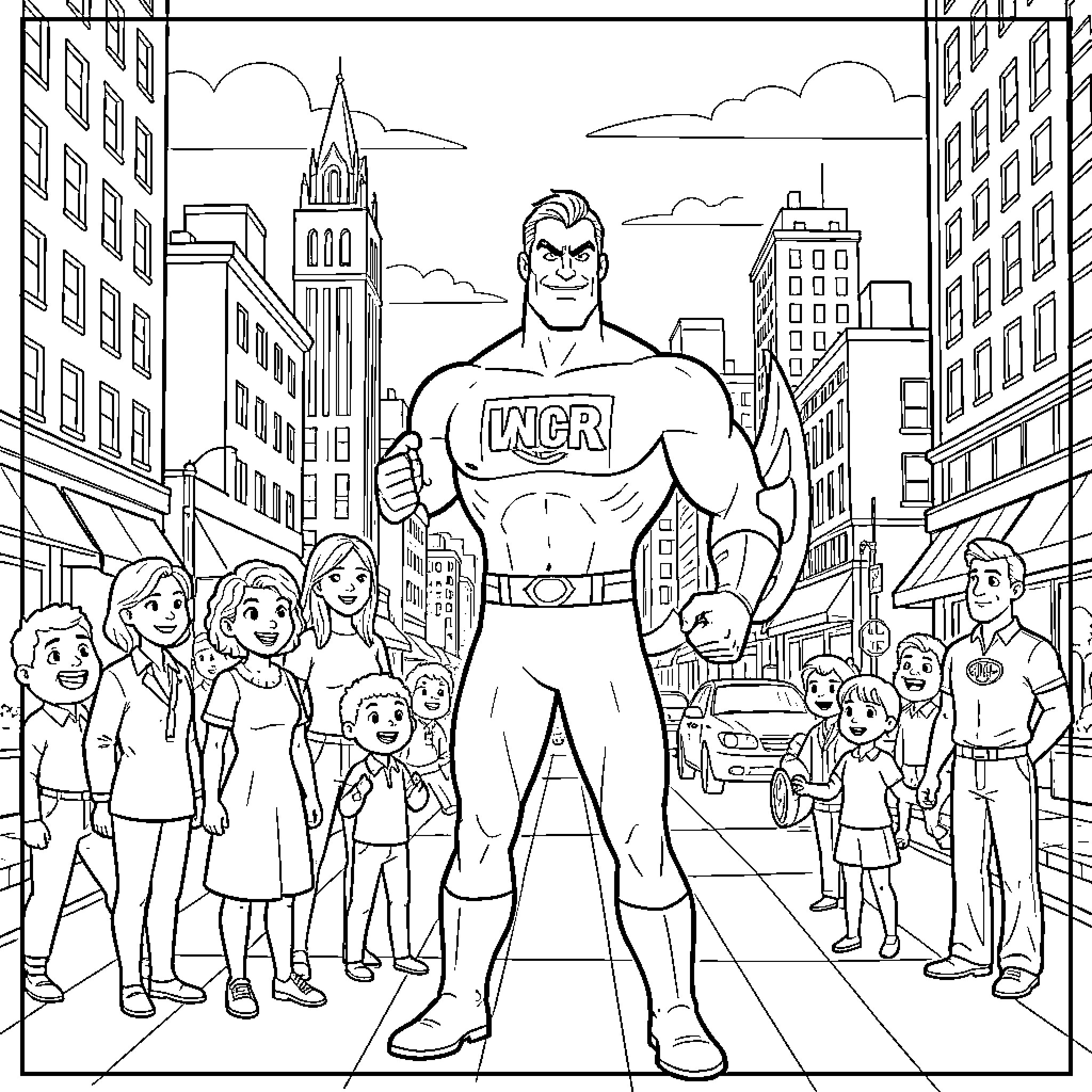 Mr Incredible standing heroically among a crowd of people Coloring Page (free black-and-white line drawing printable PDF for all, from beginners to advanced learners, including children, teens, adults, and seniors)