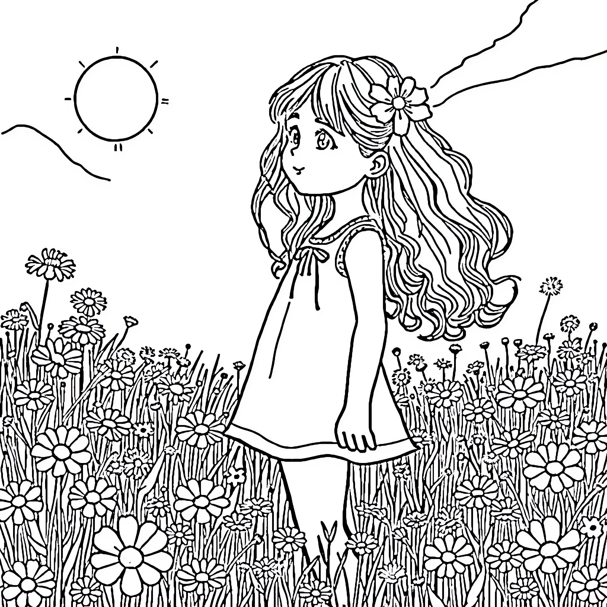 Girl in a Flower Field Gazing at the Sky Coloring Page (free black-and-white line drawing printable PDF for all, from beginners to advanced learners, including children, teens, adults, and seniors)