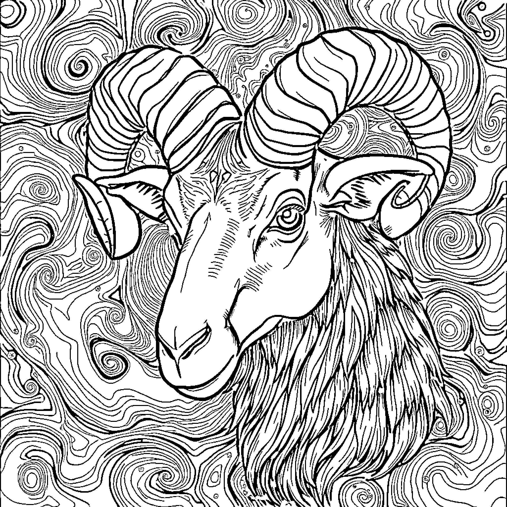 Ram's Majestic Portrait in Abstract Patterns Coloring Page (free black-and-white line drawing printable PDF for all, from beginners to advanced learners, including children, teens, adults, and seniors)