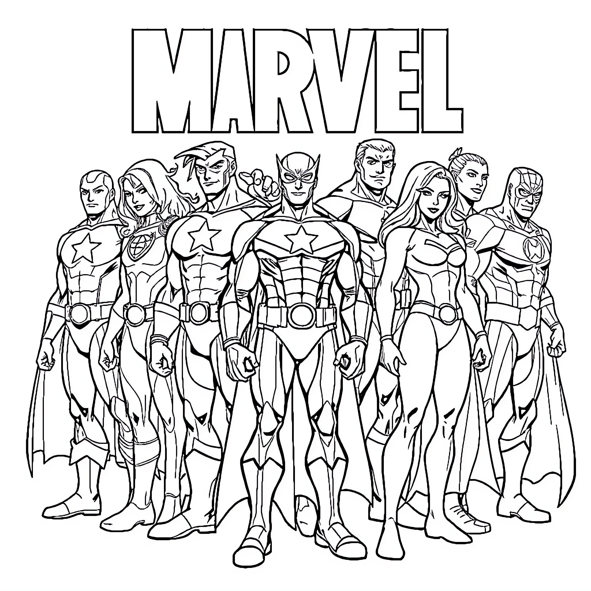 Marvel Heroes Assembled in Action Poses Coloring Page (free black-and-white line drawing printable PDF for all, from beginners to advanced learners, including children, teens, adults, and seniors)