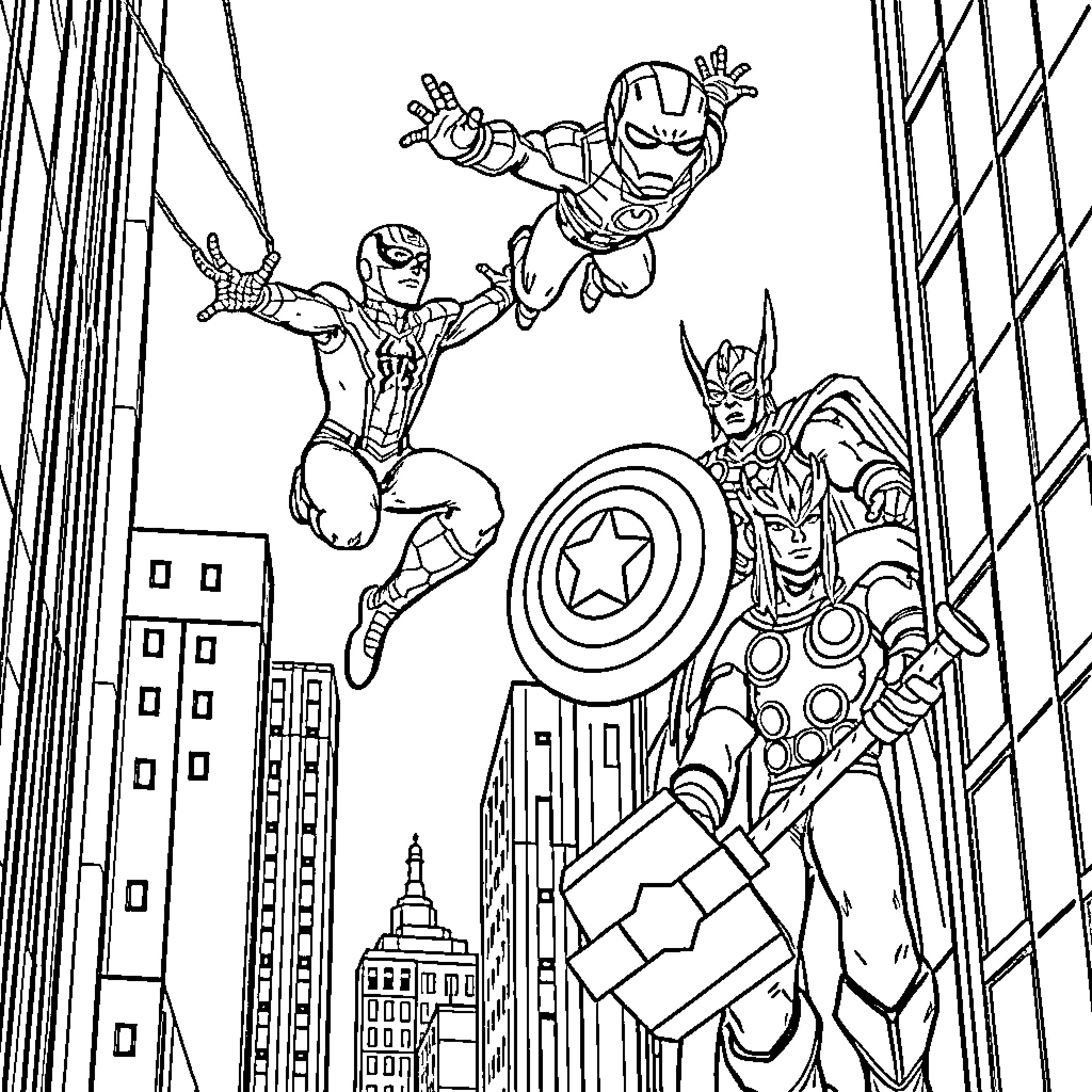 Superhero team battles in the city skyline Coloring Page (free black-and-white line drawing printable PDF for all, from beginners to advanced learners, including children, teens, adults, and seniors)