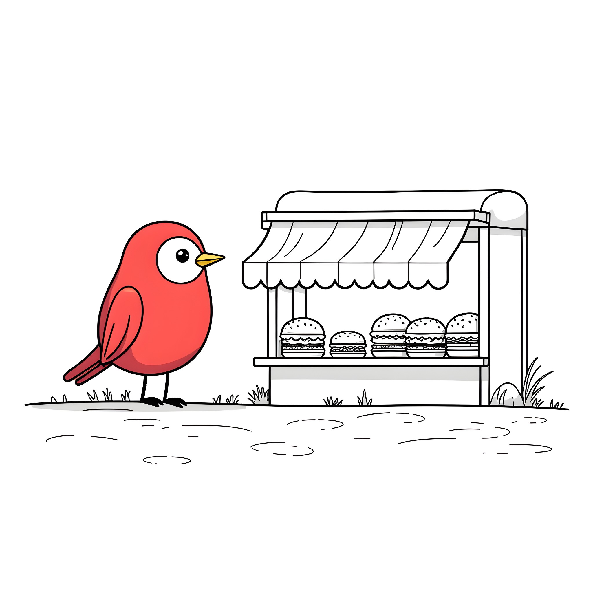 Robin perched near a food stall displaying various treats Coloring Page (free black-and-white line drawing printable PDF for all, from beginners to advanced learners, including children, teens, adults, and seniors)