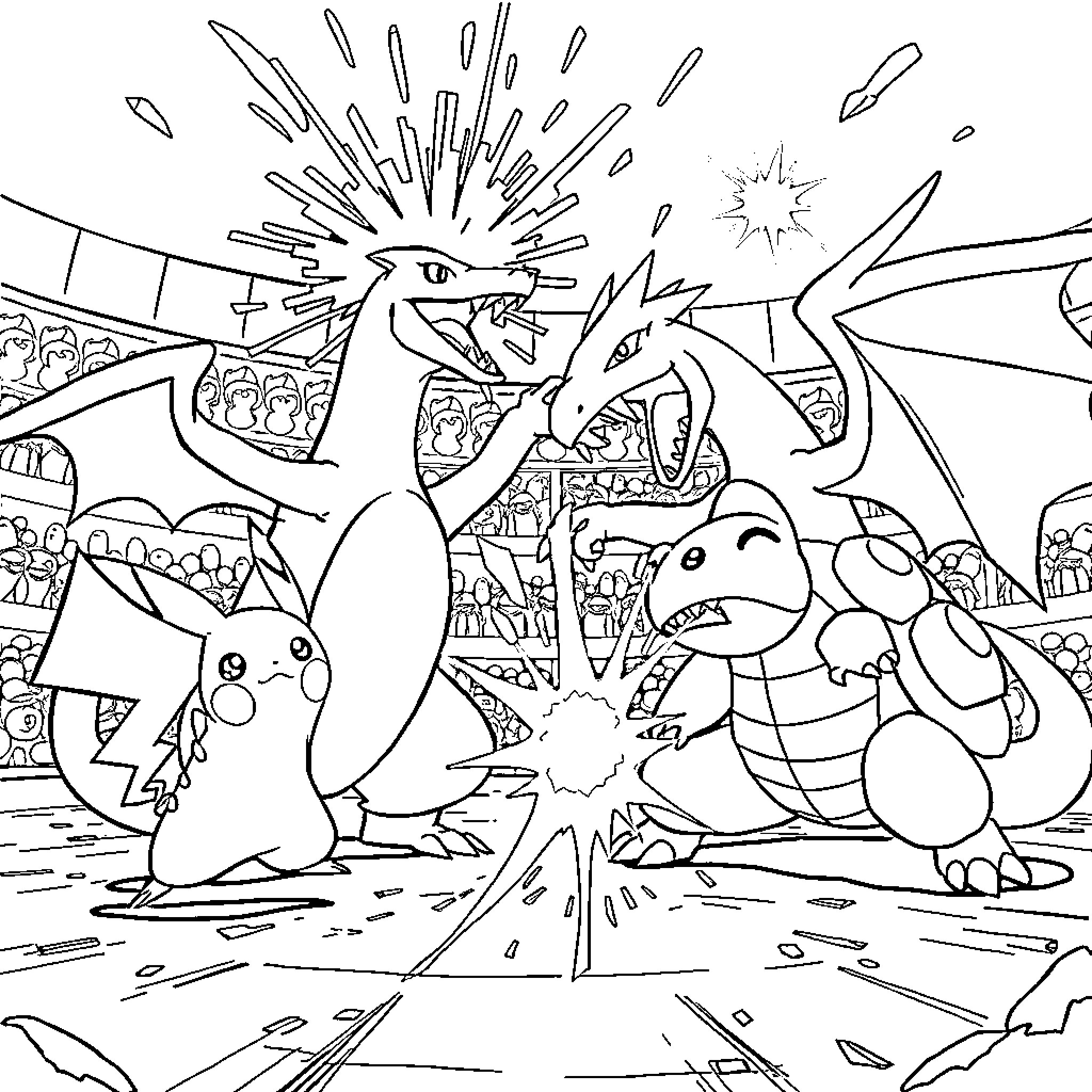 Pokémon characters in an action-packed scene Coloring Page (free black-and-white line drawing printable PDF for all, from beginners to advanced learners, including children, teens, adults, and seniors)