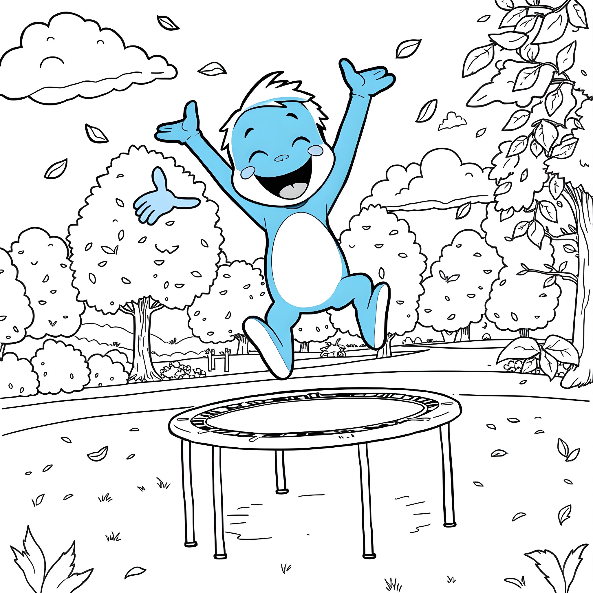 Bluey jumping happily on a trampoline in the park Coloring Page (free black-and-white line drawing printable PDF for all, from beginners to advanced learners, including children, teens, adults, and seniors)