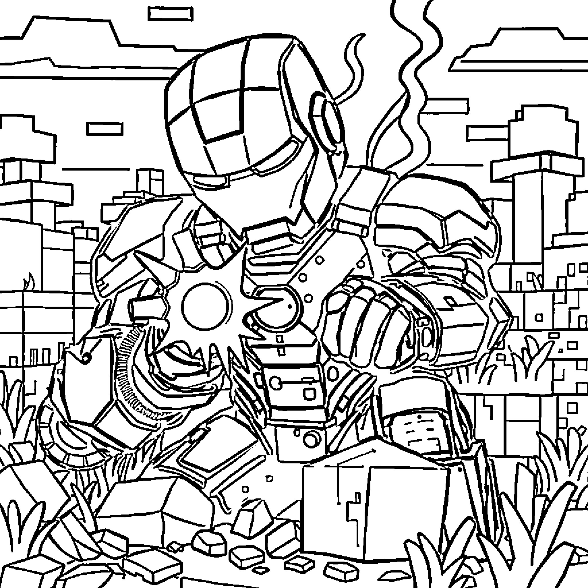 Ironman battling in an urban landscape Coloring Page (free black-and-white line drawing printable PDF for all, from beginners to advanced learners, including children, teens, adults, and seniors)