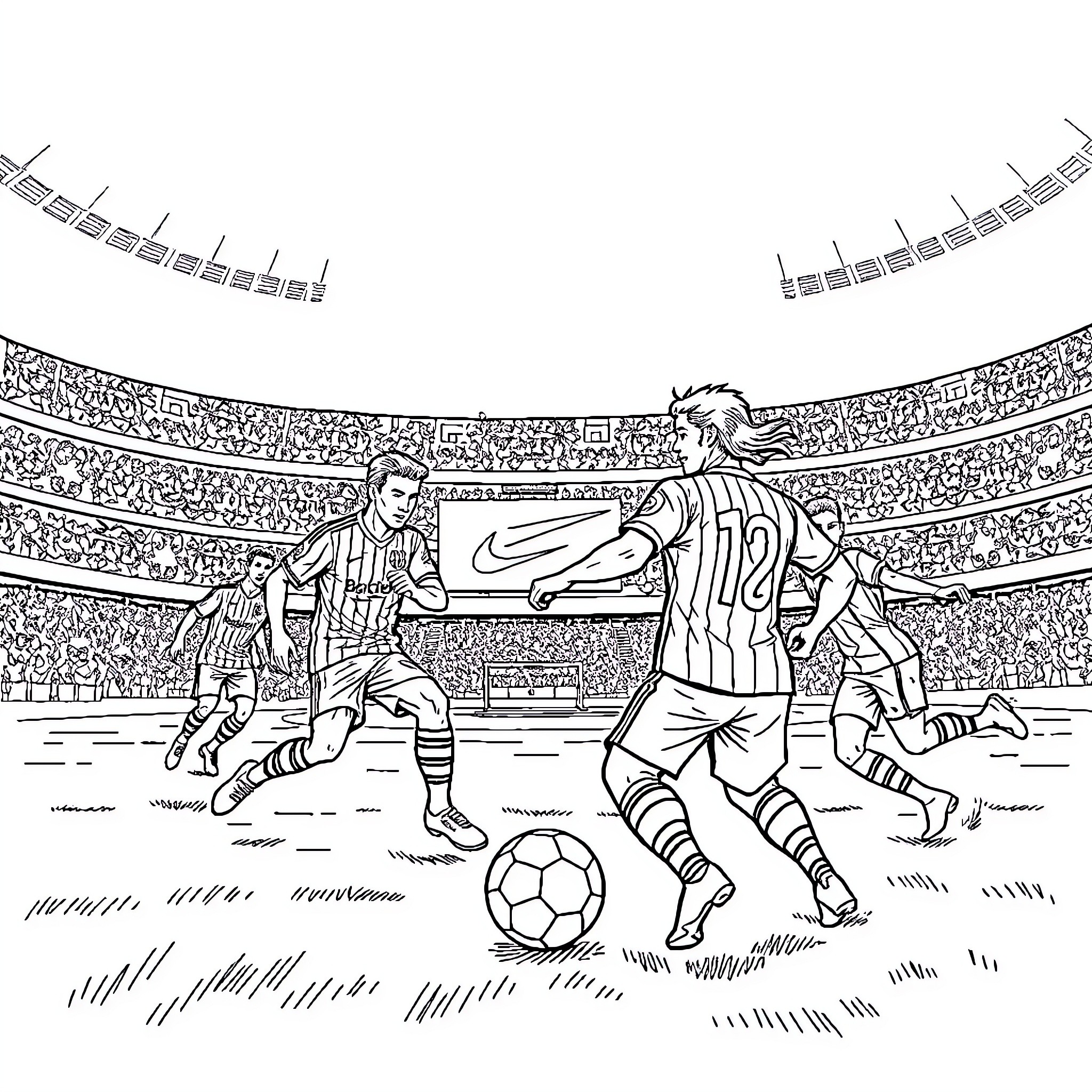 Barcelona soccer players in intense match at stadium Coloring Page (free black-and-white line drawing printable PDF for all, from beginners to advanced learners, including children, teens, adults, and seniors)