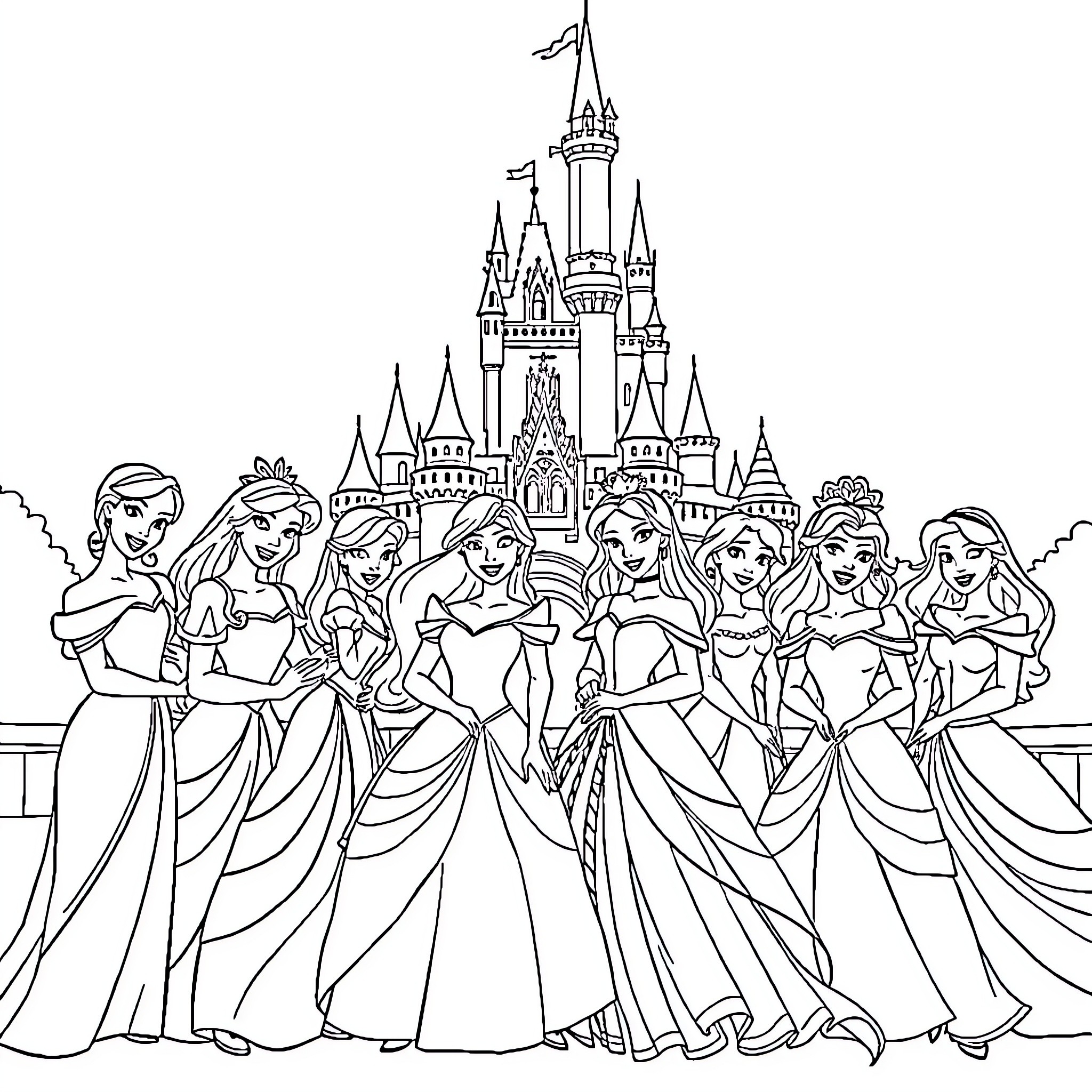 Princess Delight: Enchanting Dresses, Majestic Castle Coloring Page (free black-and-white line drawing printable PDF for all, from beginners to advanced learners, including children, teens, adults, and seniors)