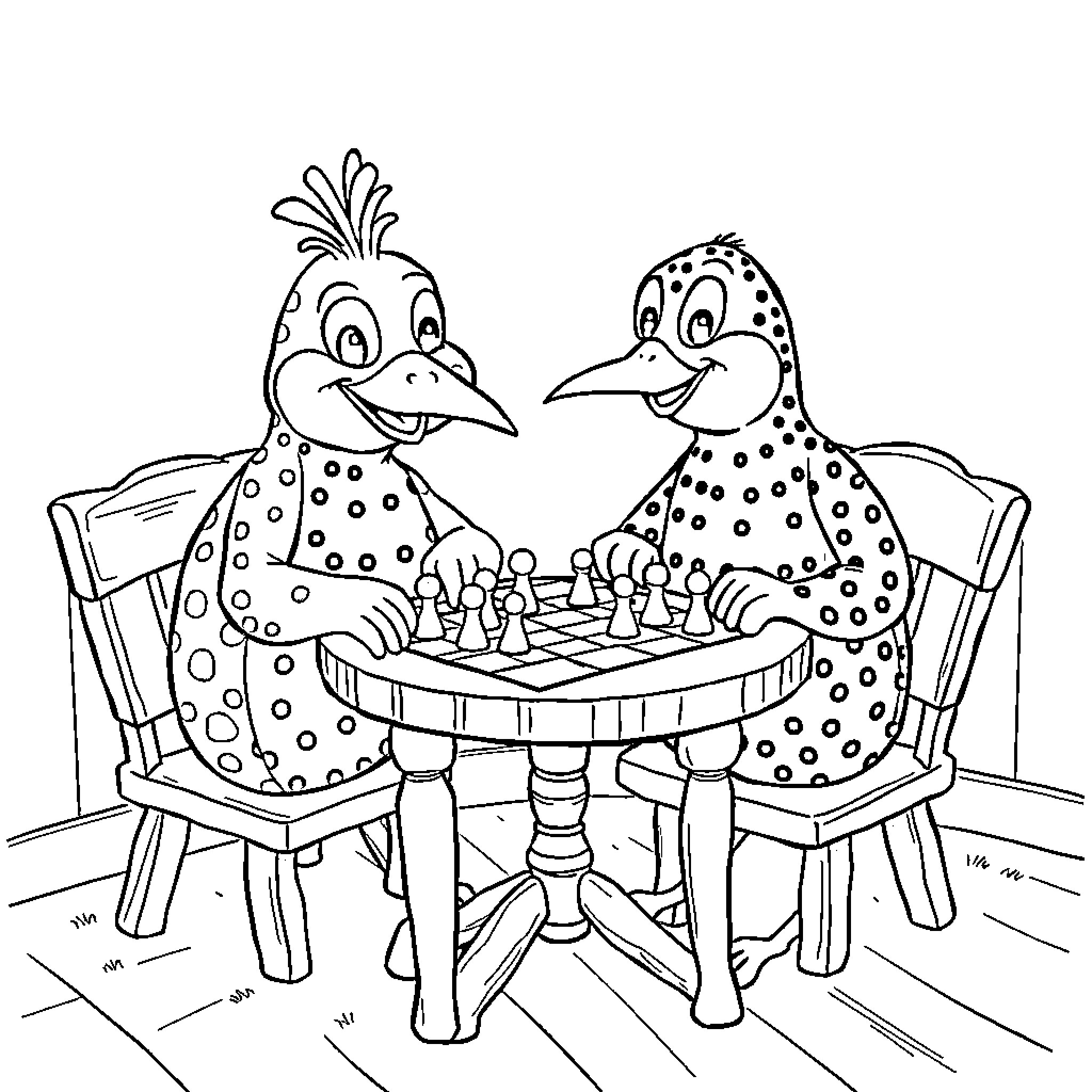 Bluey and friend playing a game of chess Coloring Page (free black-and-white line drawing printable PDF for all, from beginners to advanced learners, including children, teens, adults, and seniors)