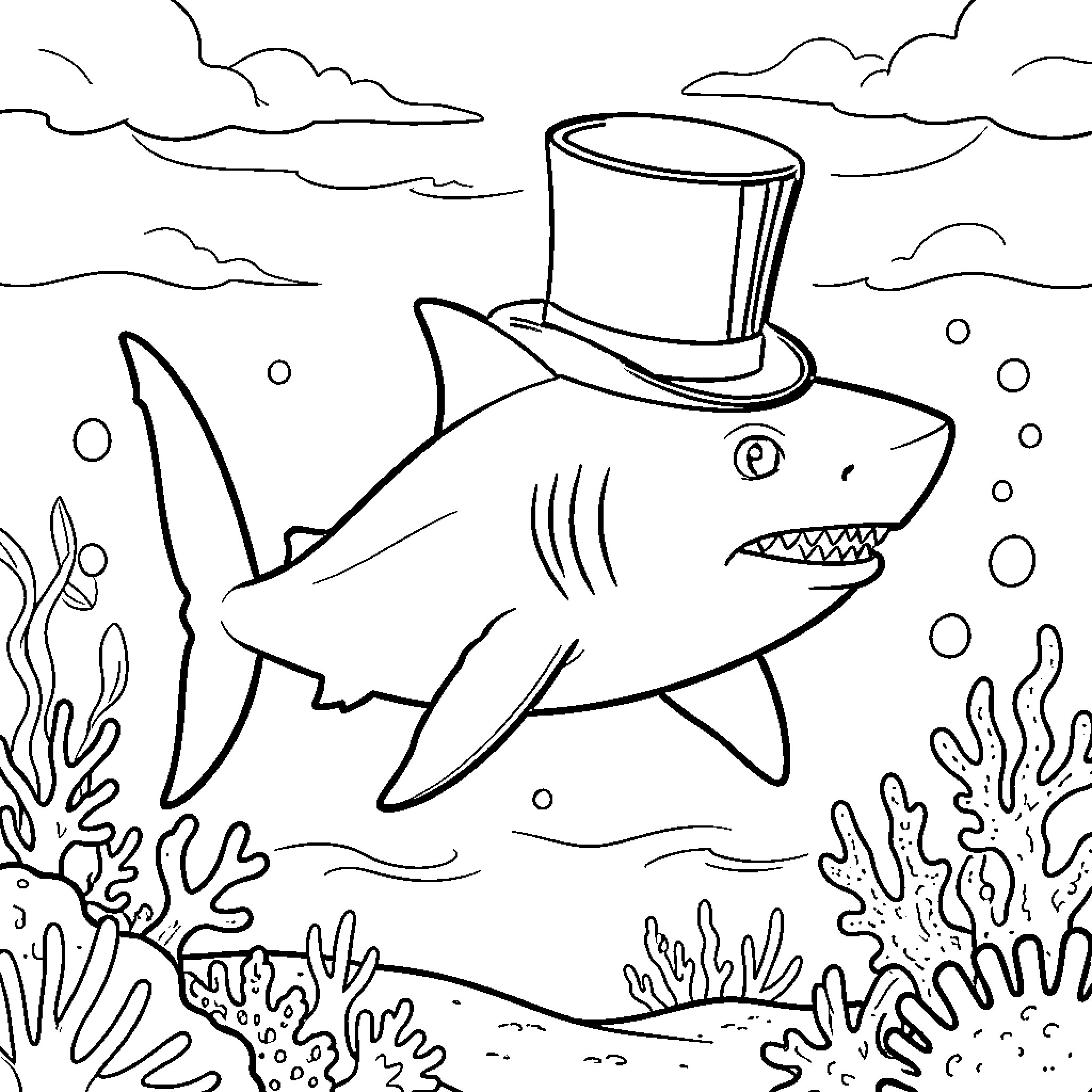 Shark wearing a top hat swimming in the ocean Coloring Page (free black-and-white line drawing printable PDF for all, from beginners to advanced learners, including children, teens, adults, and seniors)