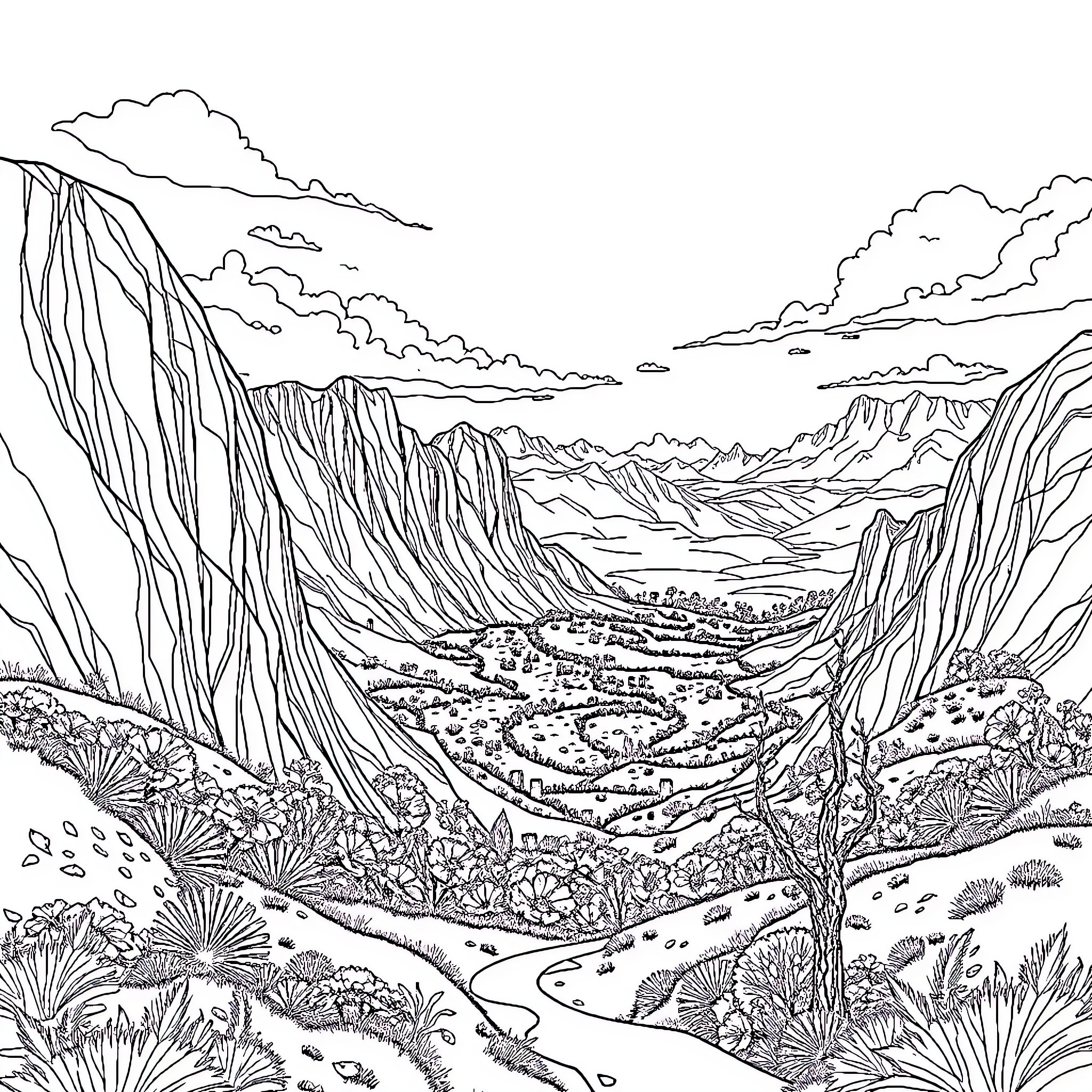3D Scenic Landscape with Rugged Cliffs and Winding Path Coloring Page (free black-and-white line drawing printable PDF for all, from beginners to advanced learners, including children, teens, adults, and seniors)