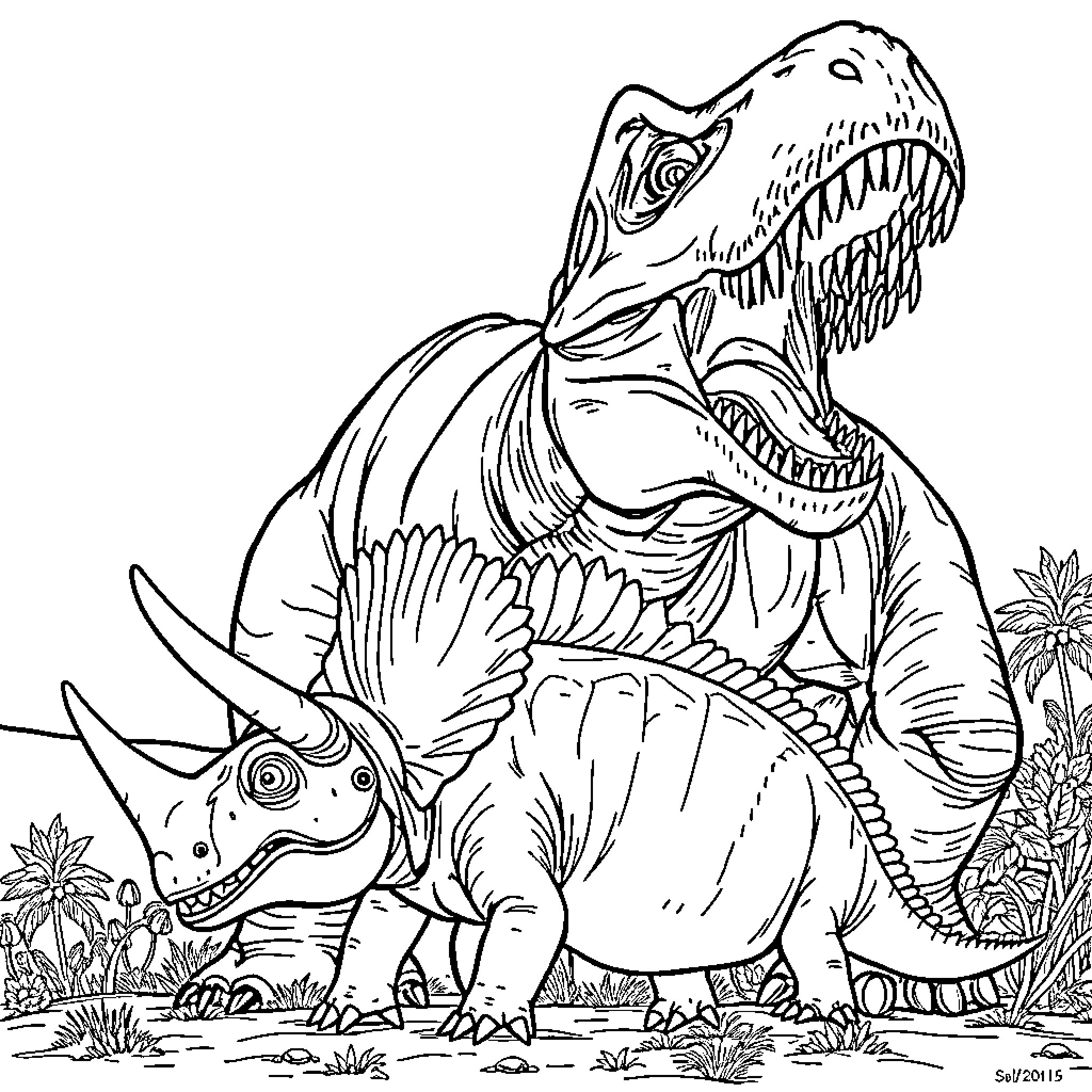 T-Rex and Triceratops roaming prehistoric landscape Coloring Page (free black-and-white line drawing printable PDF for all, from beginners to advanced learners, including children, teens, adults, and seniors)