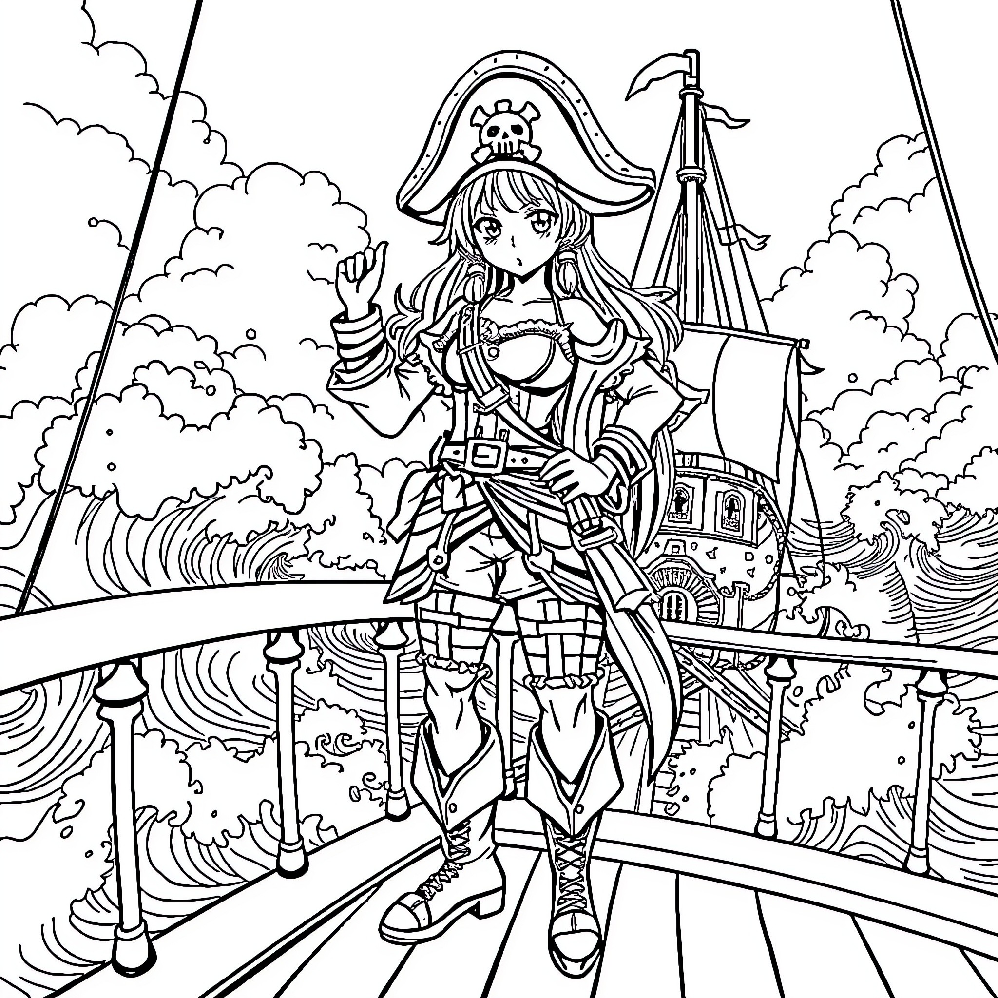Houshou Marine as a Pirate on the High Seas Coloring Page (free black-and-white line drawing printable PDF for all, from beginners to advanced learners, including children, teens, adults, and seniors)