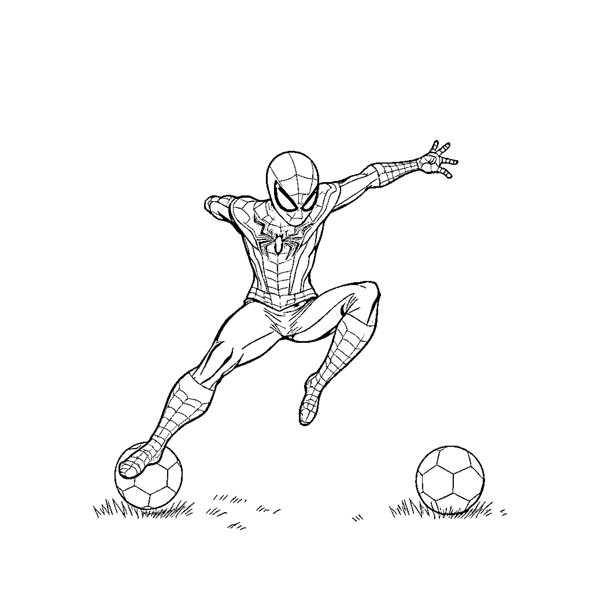 Spiderman playing with soccer balls Coloring Page (free black-and-white line drawing printable PDF for all, from beginners to advanced learners, including children, teens, adults, and seniors)