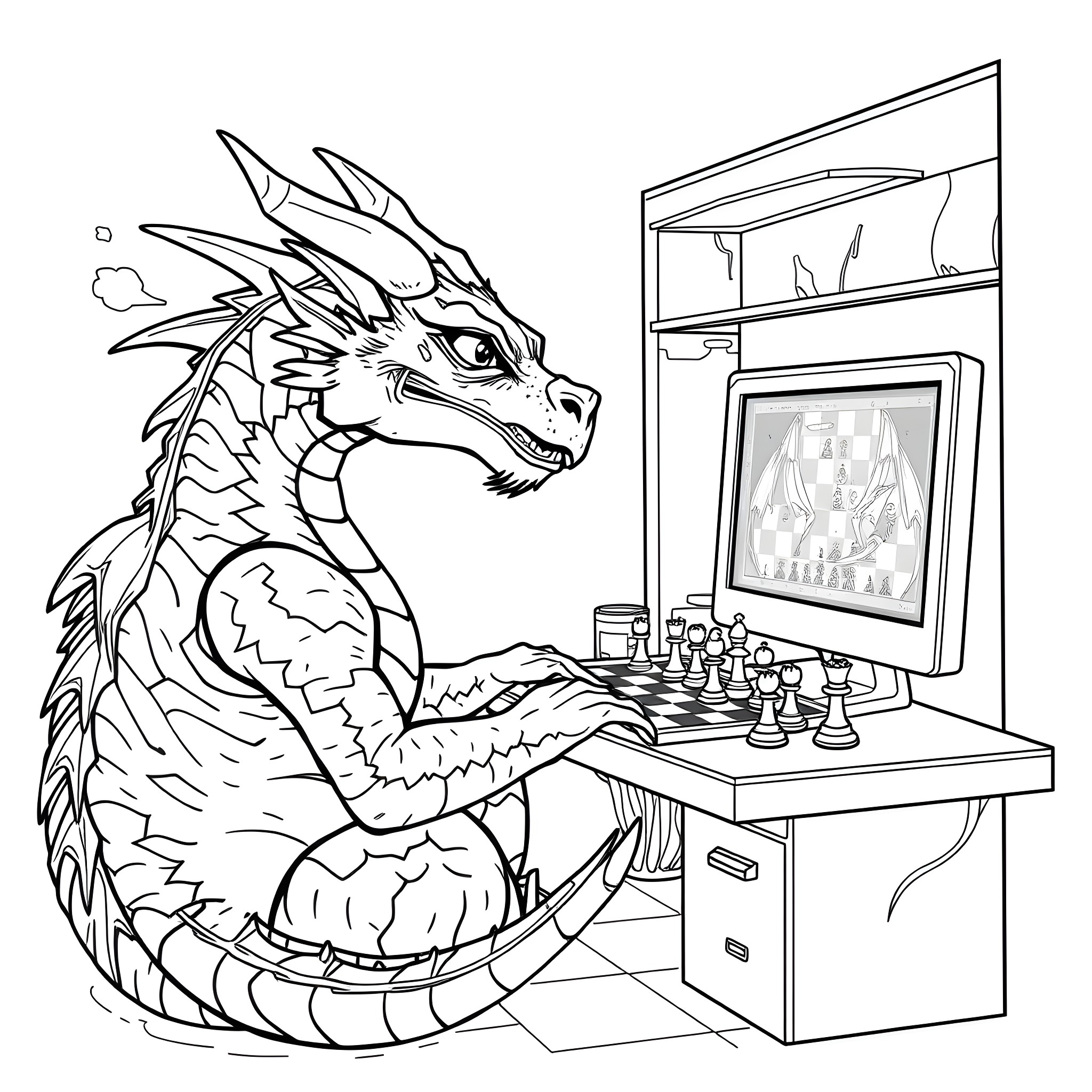 Dragon playing chess with a digital chessboard Coloring Page (free black-and-white line drawing printable PDF for all, from beginners to advanced learners, including children, teens, adults, and seniors)