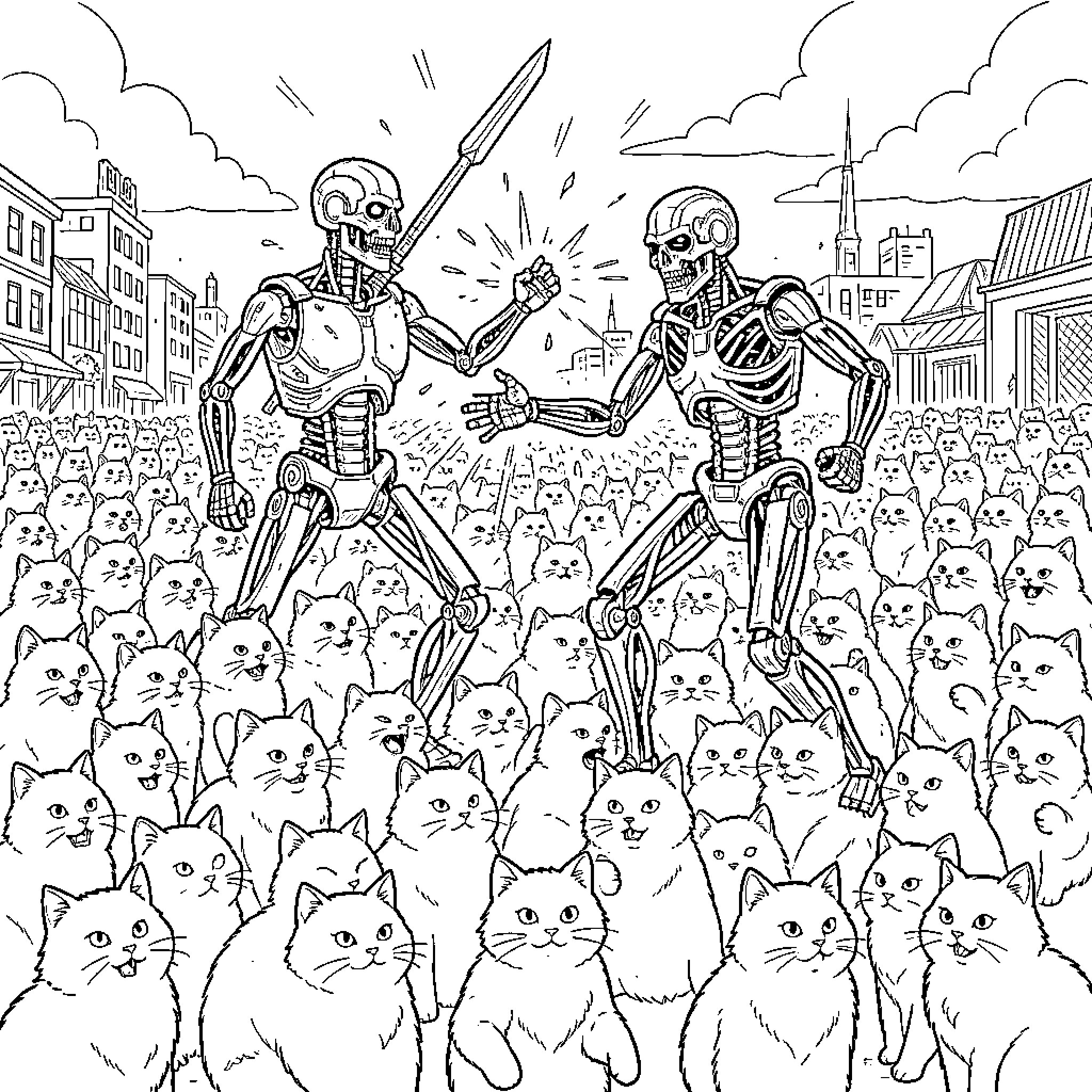 Terminator robot battle amid a sea of cats Coloring Page (free black-and-white line drawing printable PDF for all, from beginners to advanced learners, including children, teens, adults, and seniors)