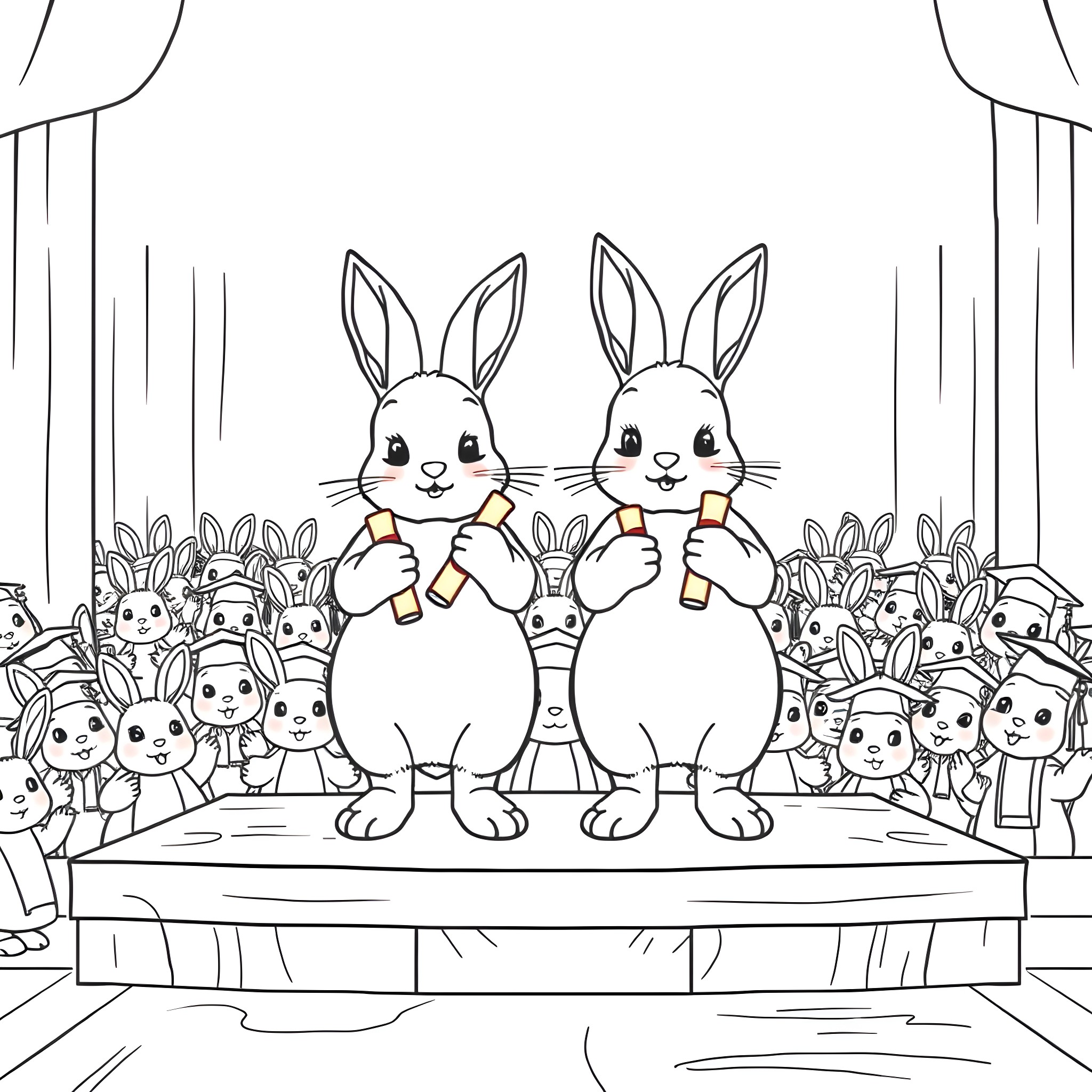 Bunny Parade on Stage Coloring Page (free black-and-white line drawing printable PDF for all, from beginners to advanced learners, including children, teens, adults, and seniors)