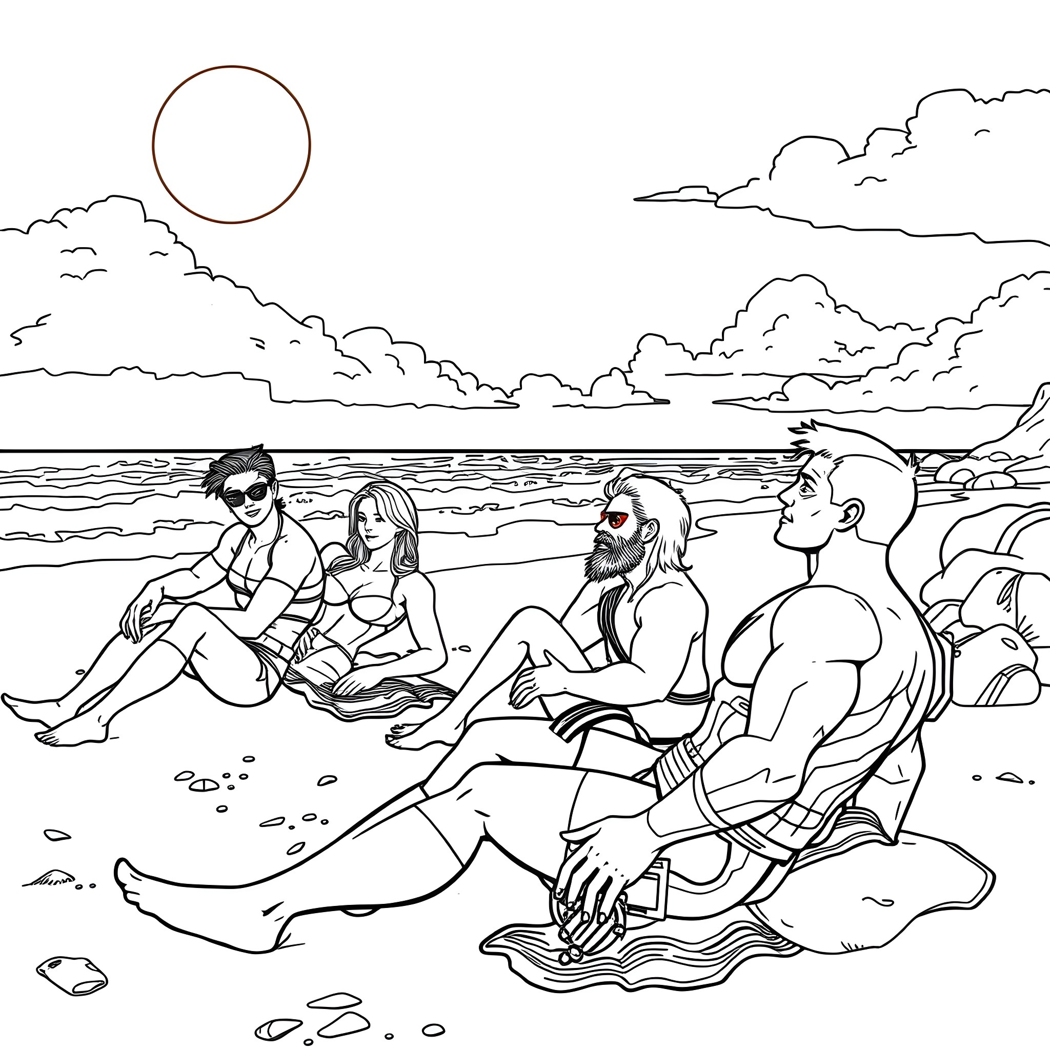Avenger Superheroes Relaxing on the Beach Coloring Page (free black-and-white line drawing printable PDF for all, from beginners to advanced learners, including children, teens, adults, and seniors)