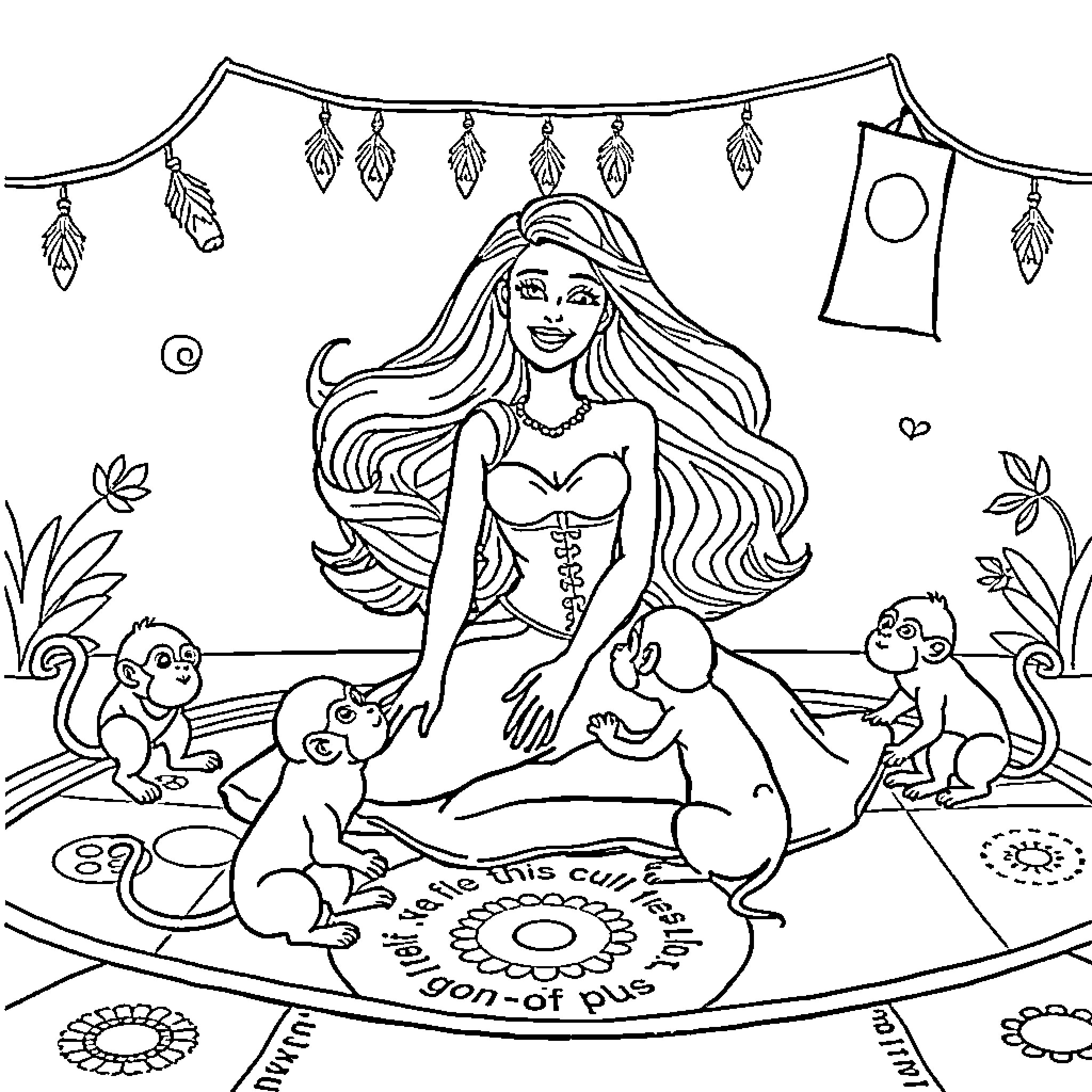 Barbie playing with adorable monkeys in a whimsical setting Coloring Page (free black-and-white line drawing printable PDF for all, from beginners to advanced learners, including children, teens, adults, and seniors)