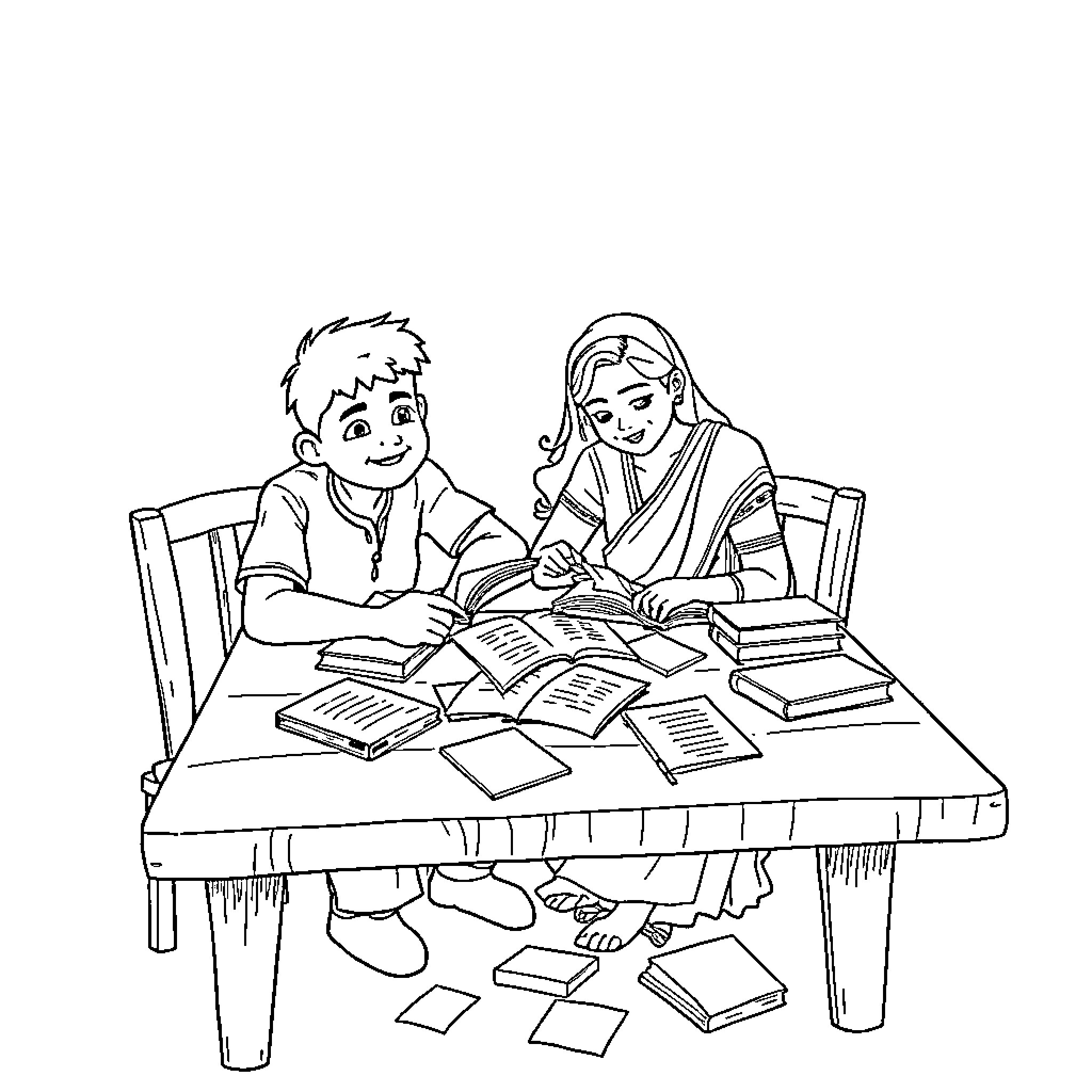 Boy and girl studying together at table Coloring Page (free black-and-white line drawing printable PDF for all, from beginners to advanced learners, including children, teens, adults, and seniors)