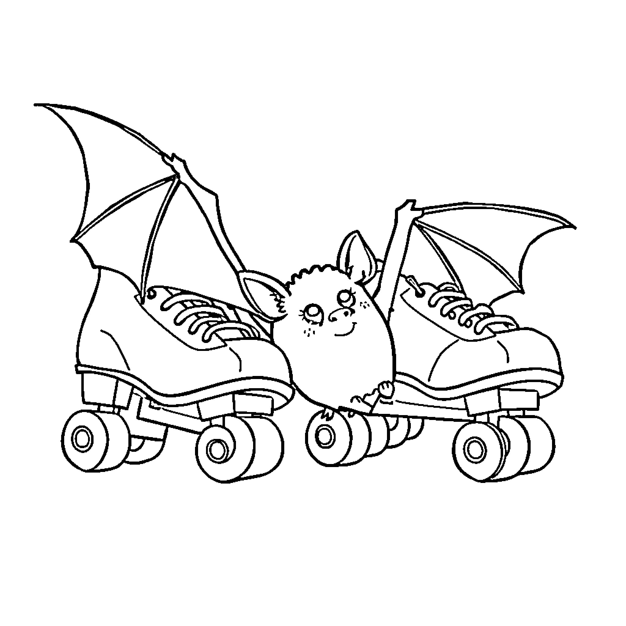Bat skating playfully on roller skates Coloring Page (free black-and-white line drawing printable PDF for all, from beginners to advanced learners, including children, teens, adults, and seniors)