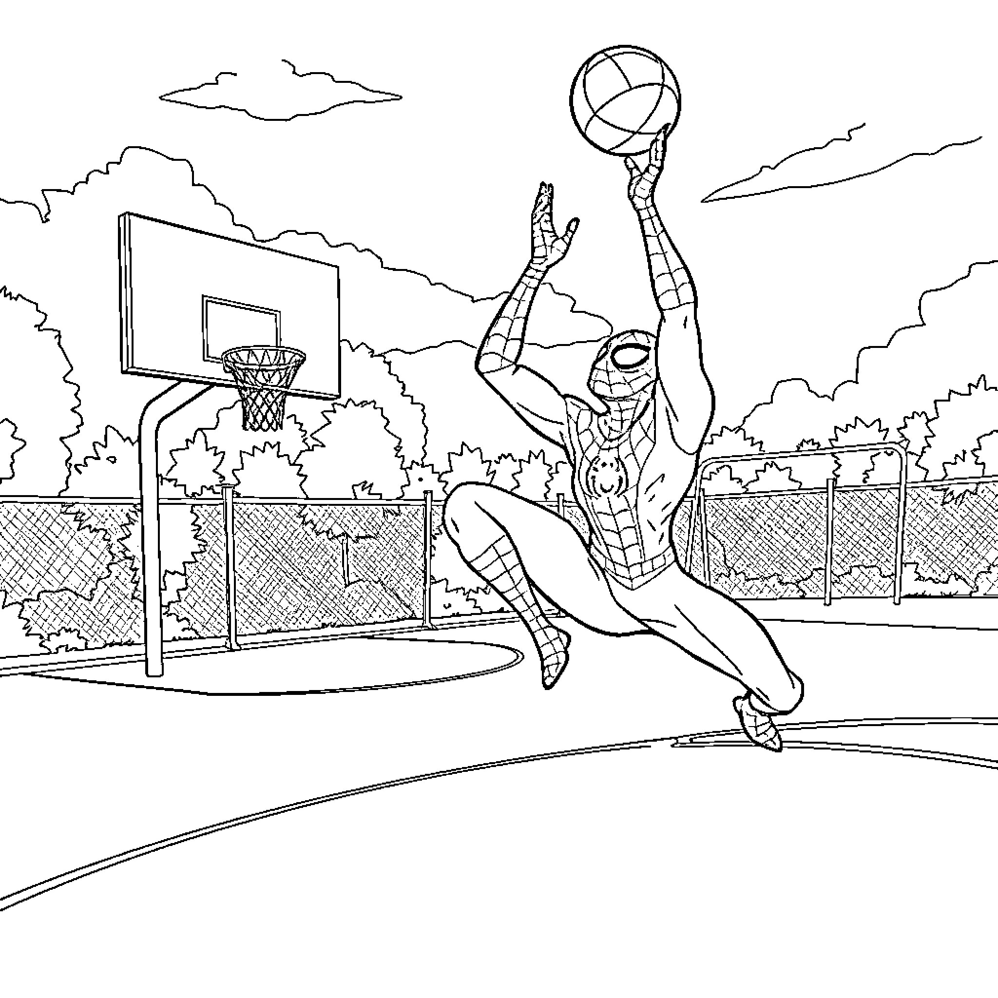 Spiderman Dunking on the Basketball Court Coloring Page (free black-and-white line drawing printable PDF for all, from beginners to advanced learners, including children, teens, adults, and seniors)
