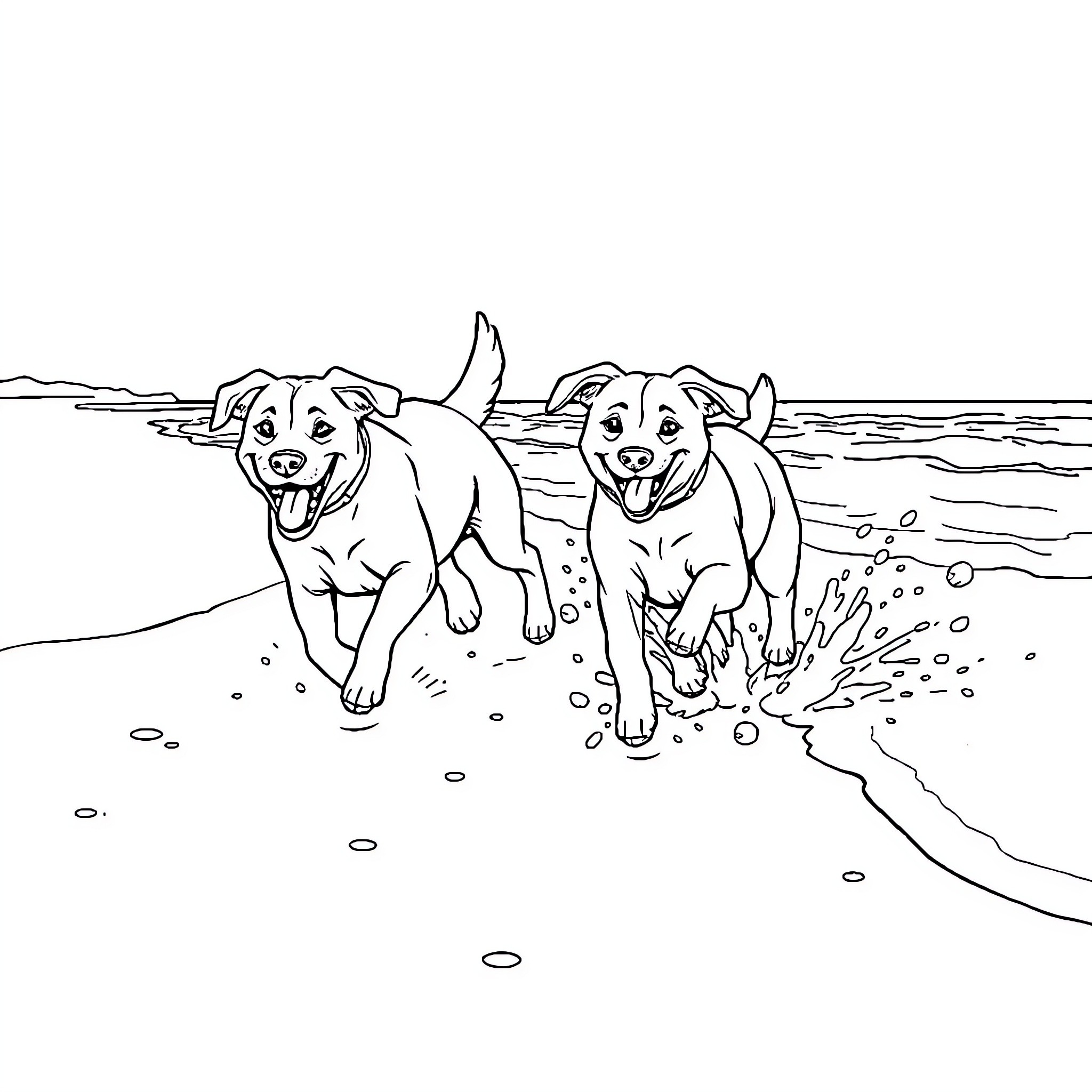 Dogs playing joyfully on the beach Coloring Page (free black-and-white line drawing printable PDF for all, from beginners to advanced learners, including children, teens, adults, and seniors)