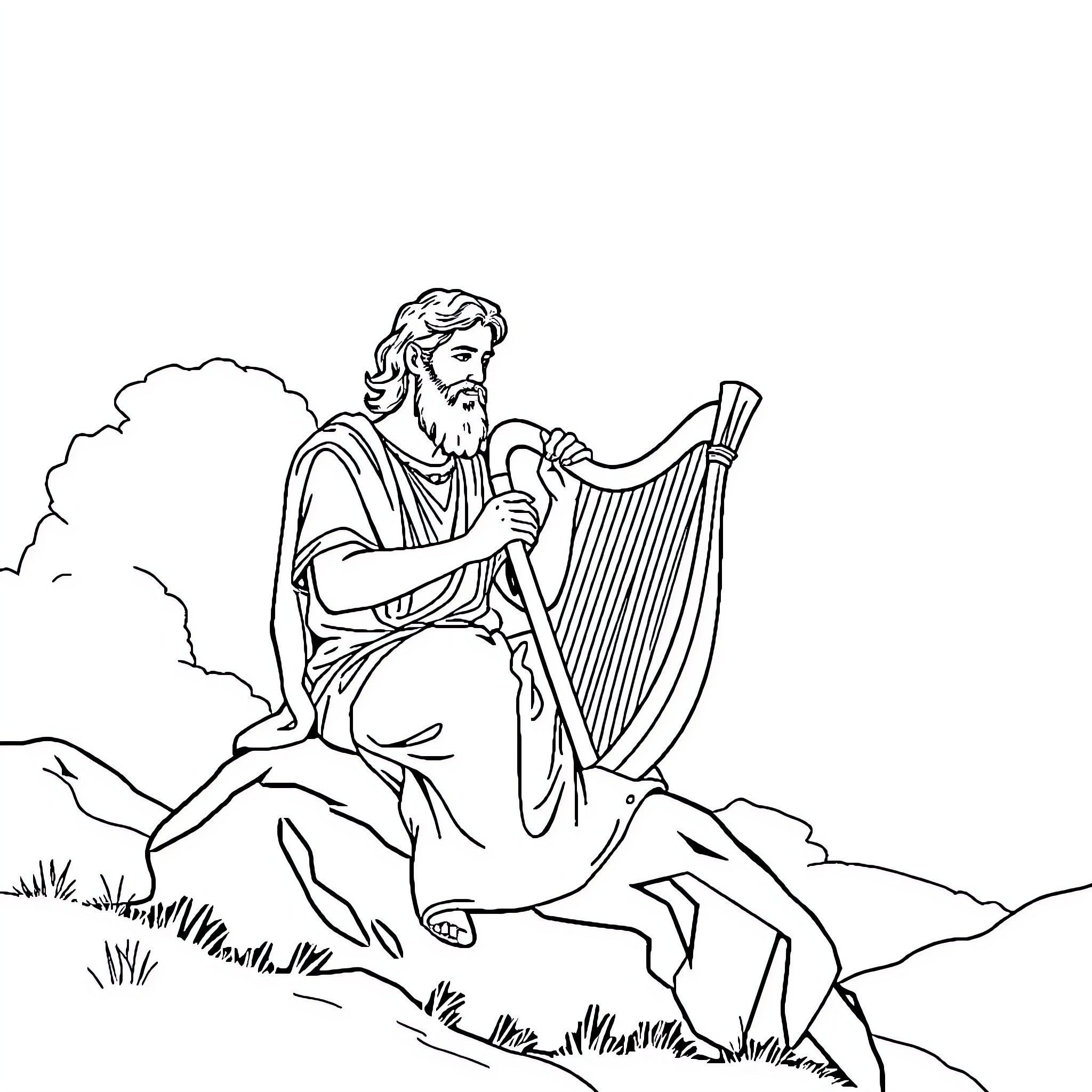 David playing harp in serene landscape Coloring Page (free black-and-white line drawing printable PDF for all, from beginners to advanced learners, including children, teens, adults, and seniors)