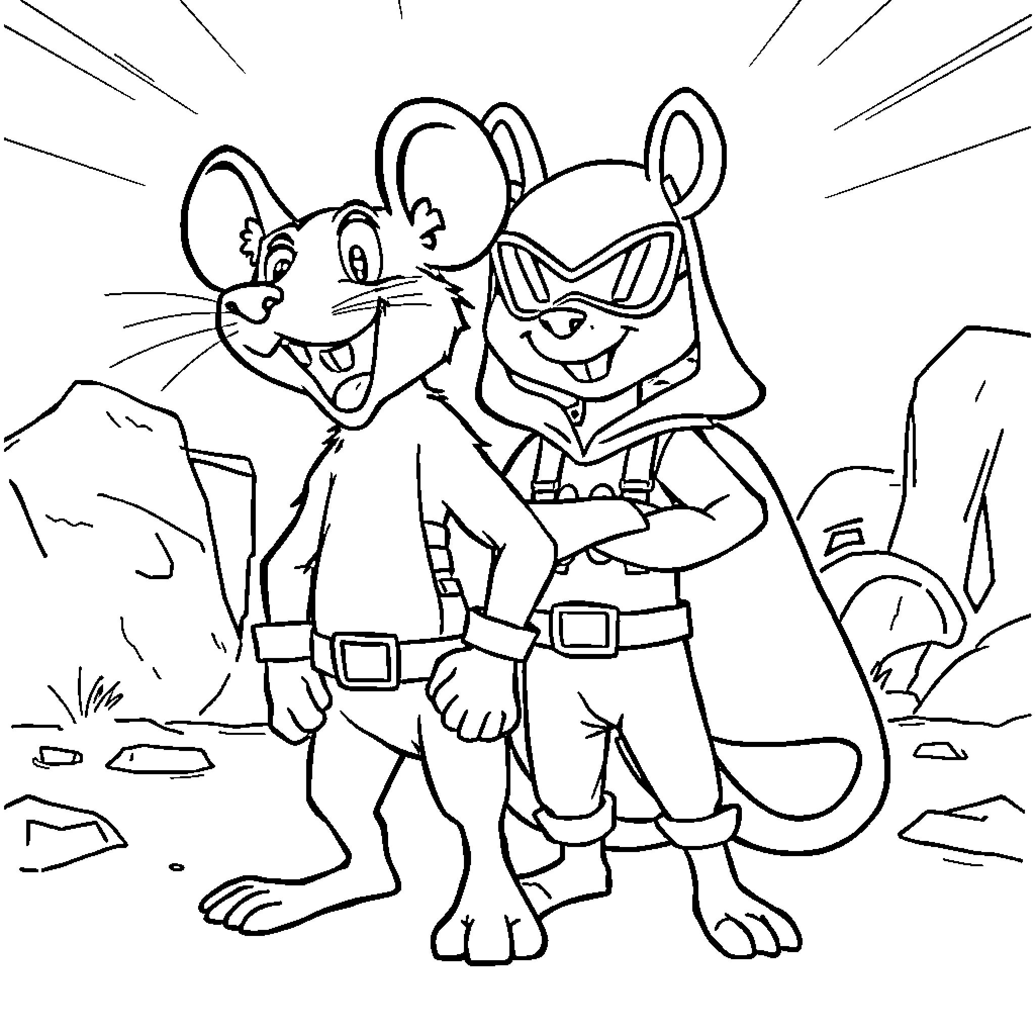 Mickey and Friends on a Heroic Adventure Coloring Page (free black-and-white line drawing printable PDF for all, from beginners to advanced learners, including children, teens, adults, and seniors)