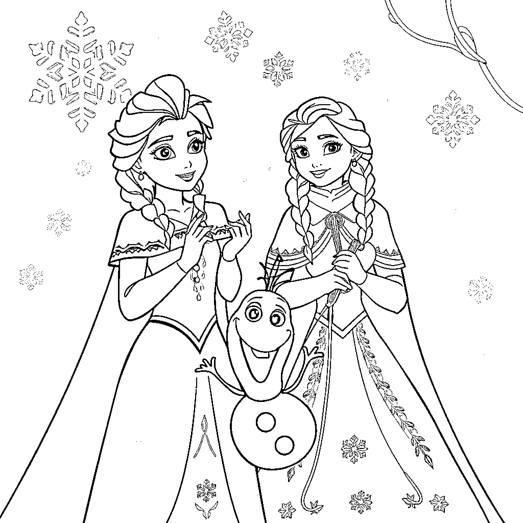 Elsa and Anna sharing a moment with Olaf in the winter wonderland Coloring Page (free black-and-white line drawing printable PDF for all, from beginners to advanced learners, including children, teens, adults, and seniors)