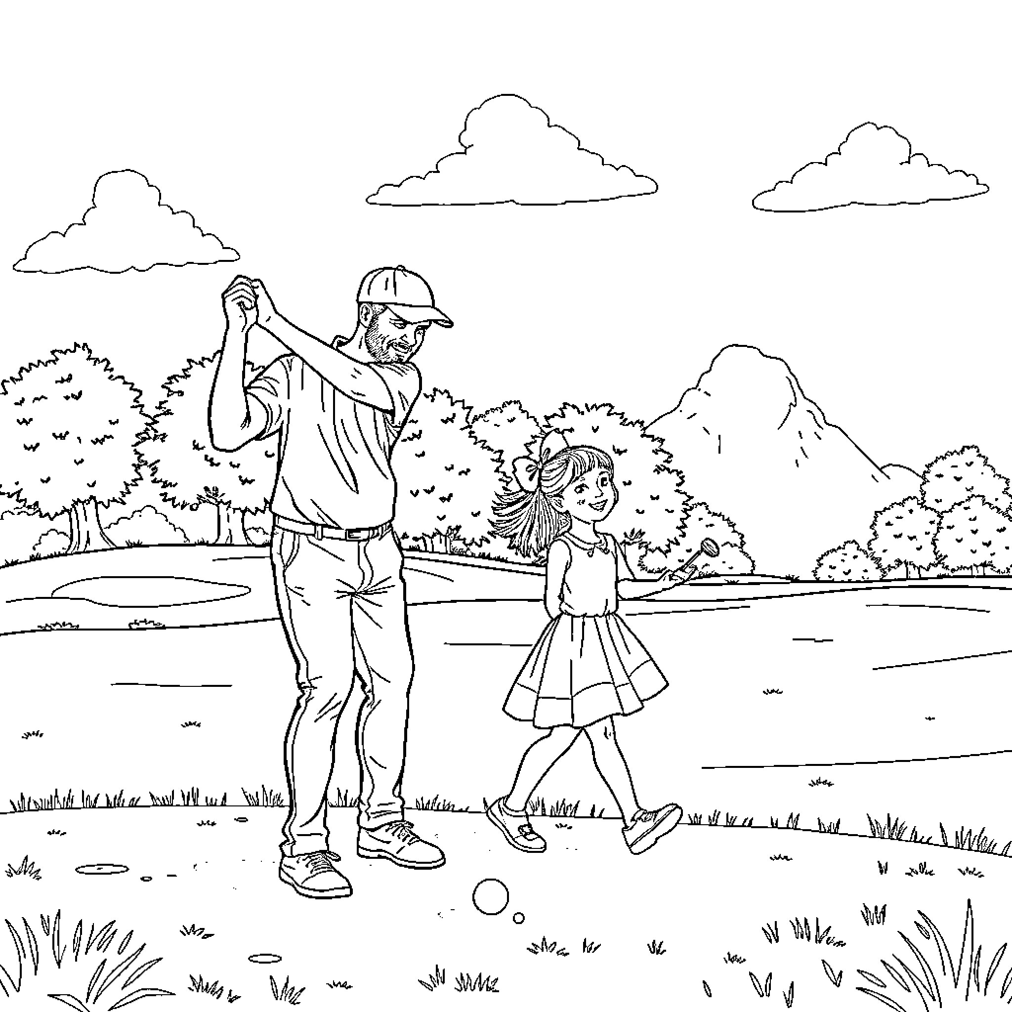 Golf game with father and daughter Coloring Page (free black-and-white line drawing printable PDF for all, from beginners to advanced learners, including children, teens, adults, and seniors)