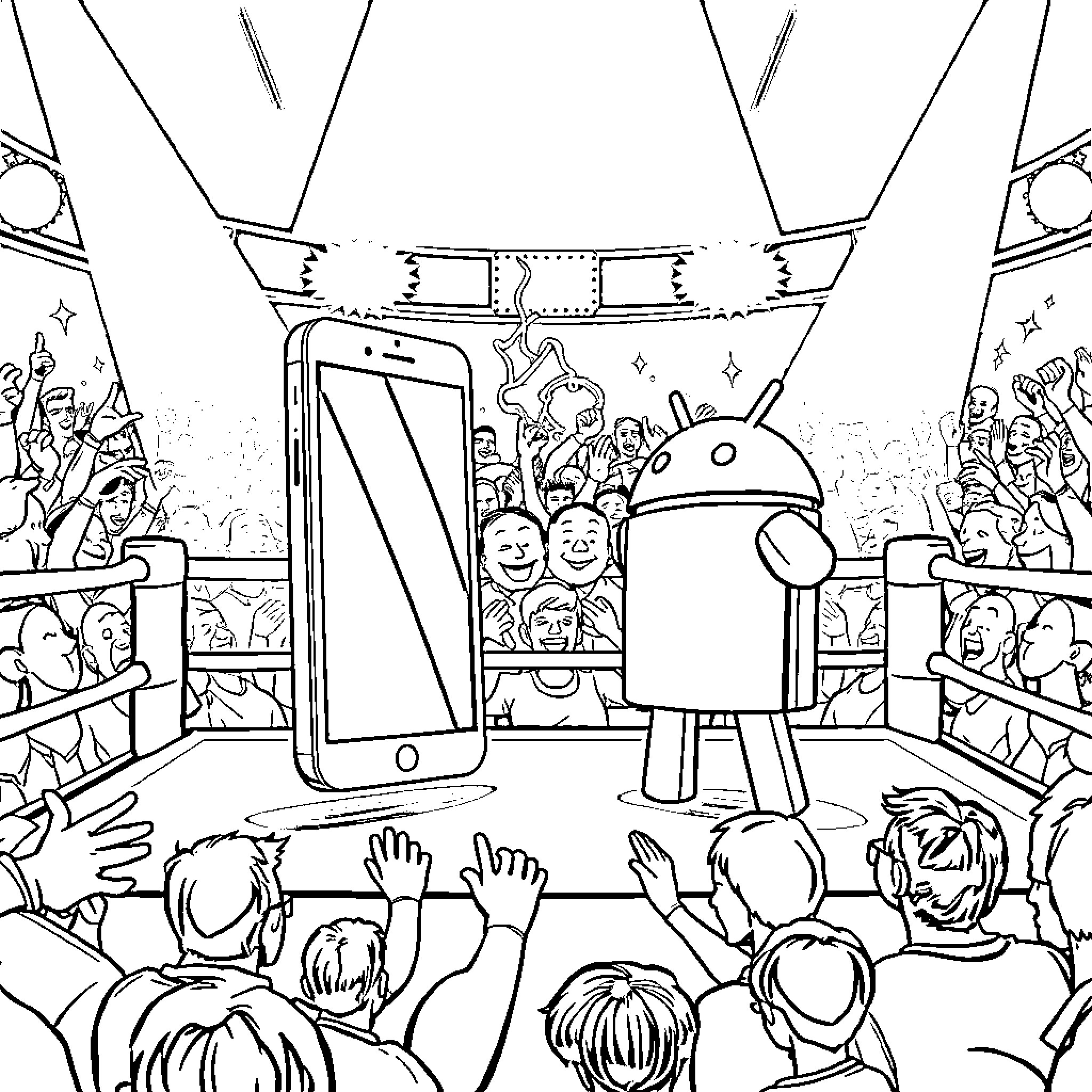 Phone Crowd Excitement at Technology Event Coloring Page (free black-and-white line drawing printable PDF for all, from beginners to advanced learners, including children, teens, adults, and seniors)