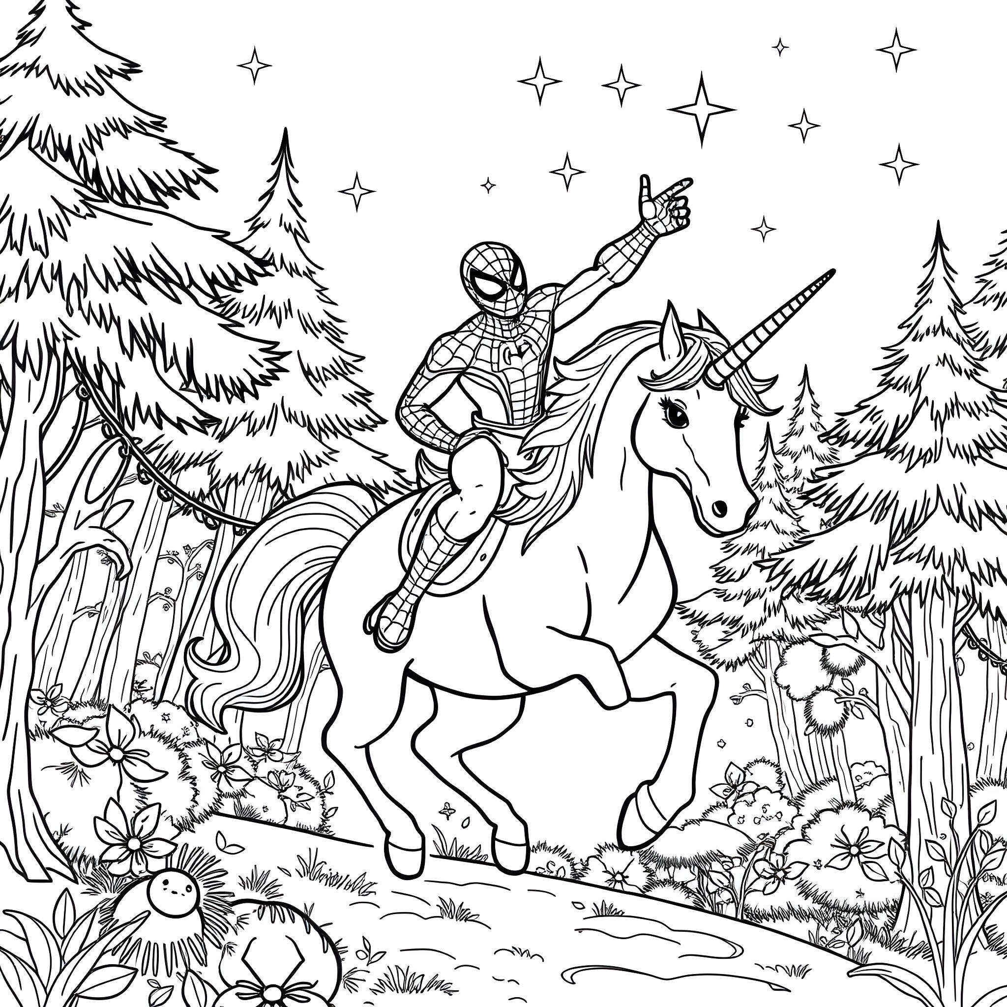 Spiderman riding a unicorn in a magical forest Coloring Page (free black-and-white line drawing printable PDF for all, from beginners to advanced learners, including children, teens, adults, and seniors)