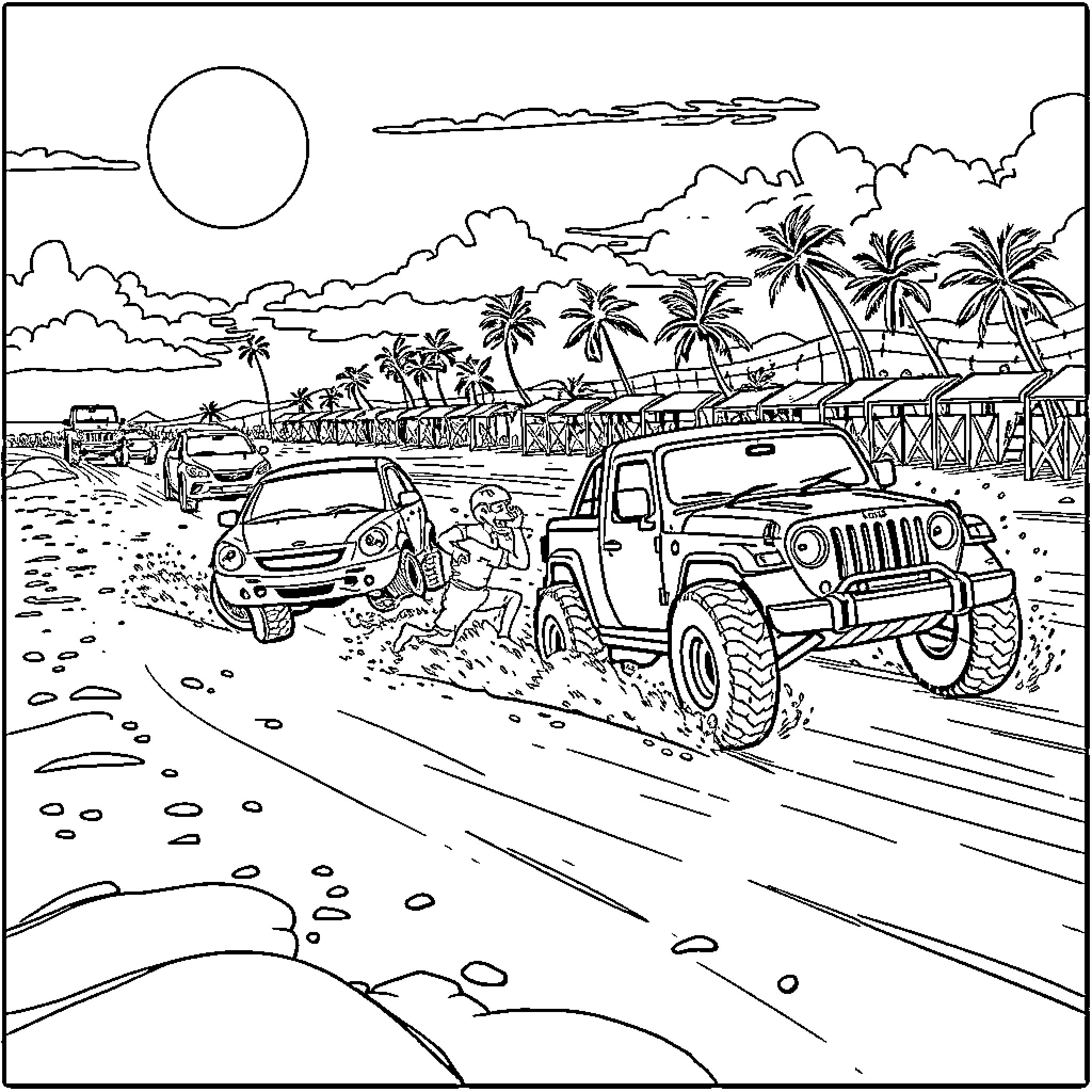 Car driving through sand on a tropical beach Coloring Page (free black-and-white line drawing printable PDF for all, from beginners to advanced learners, including children, teens, adults, and seniors)