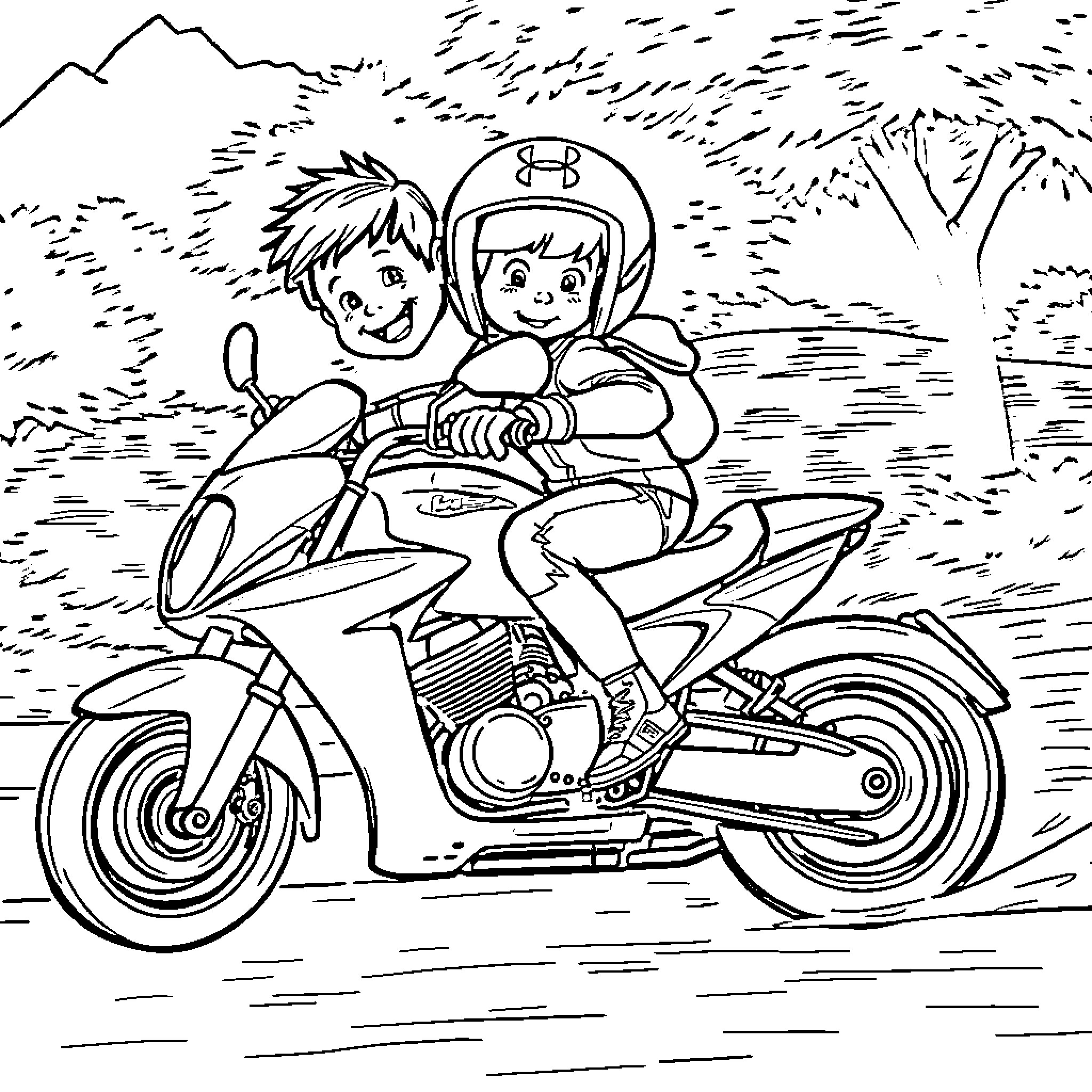 Child riding motorcycle through scenic landscape Coloring Page (free black-and-white line drawing printable PDF for all, from beginners to advanced learners, including children, teens, adults, and seniors)