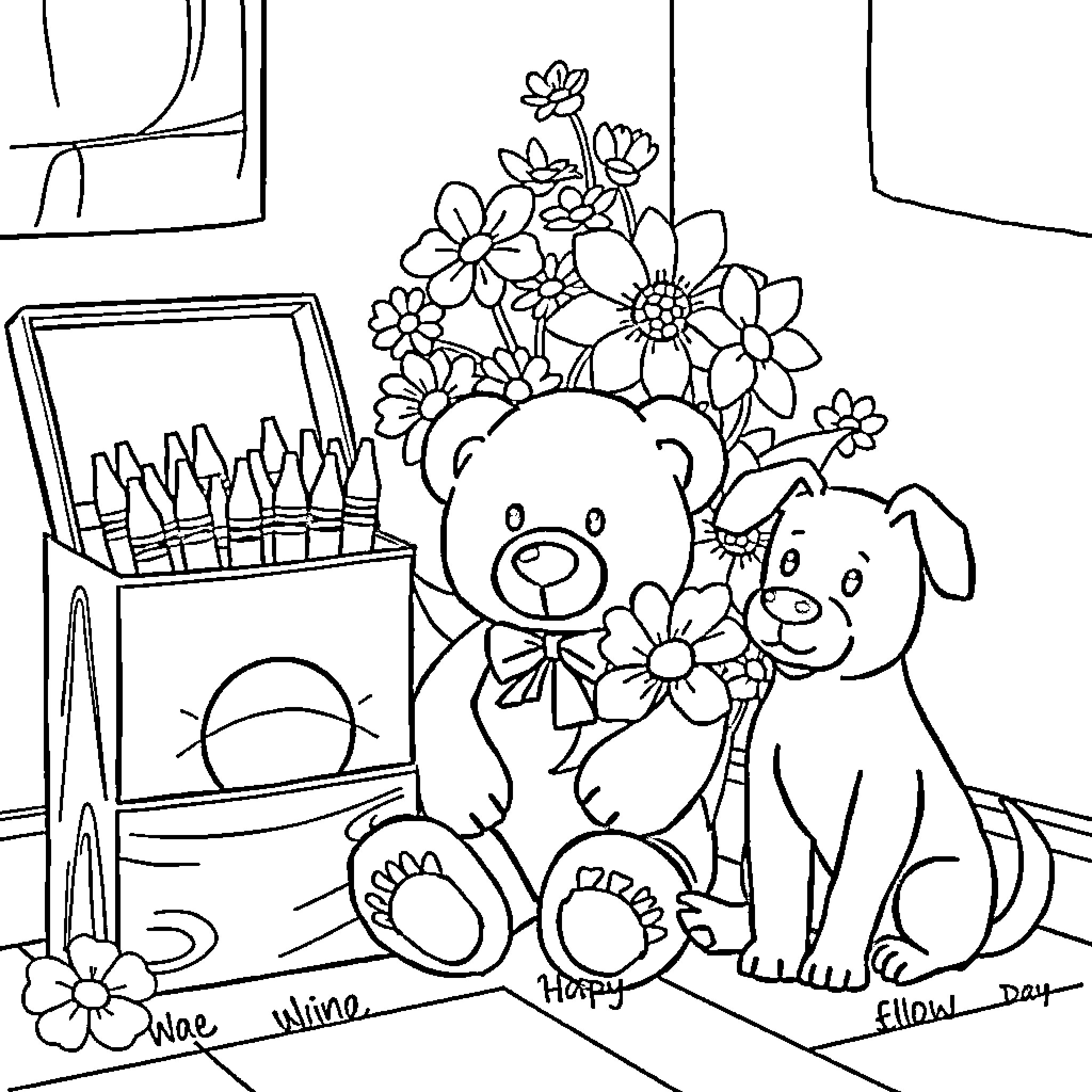 Crayon companions in a cheerful scene Coloring Page (free black-and-white line drawing printable PDF for all, from beginners to advanced learners, including children, teens, adults, and seniors)