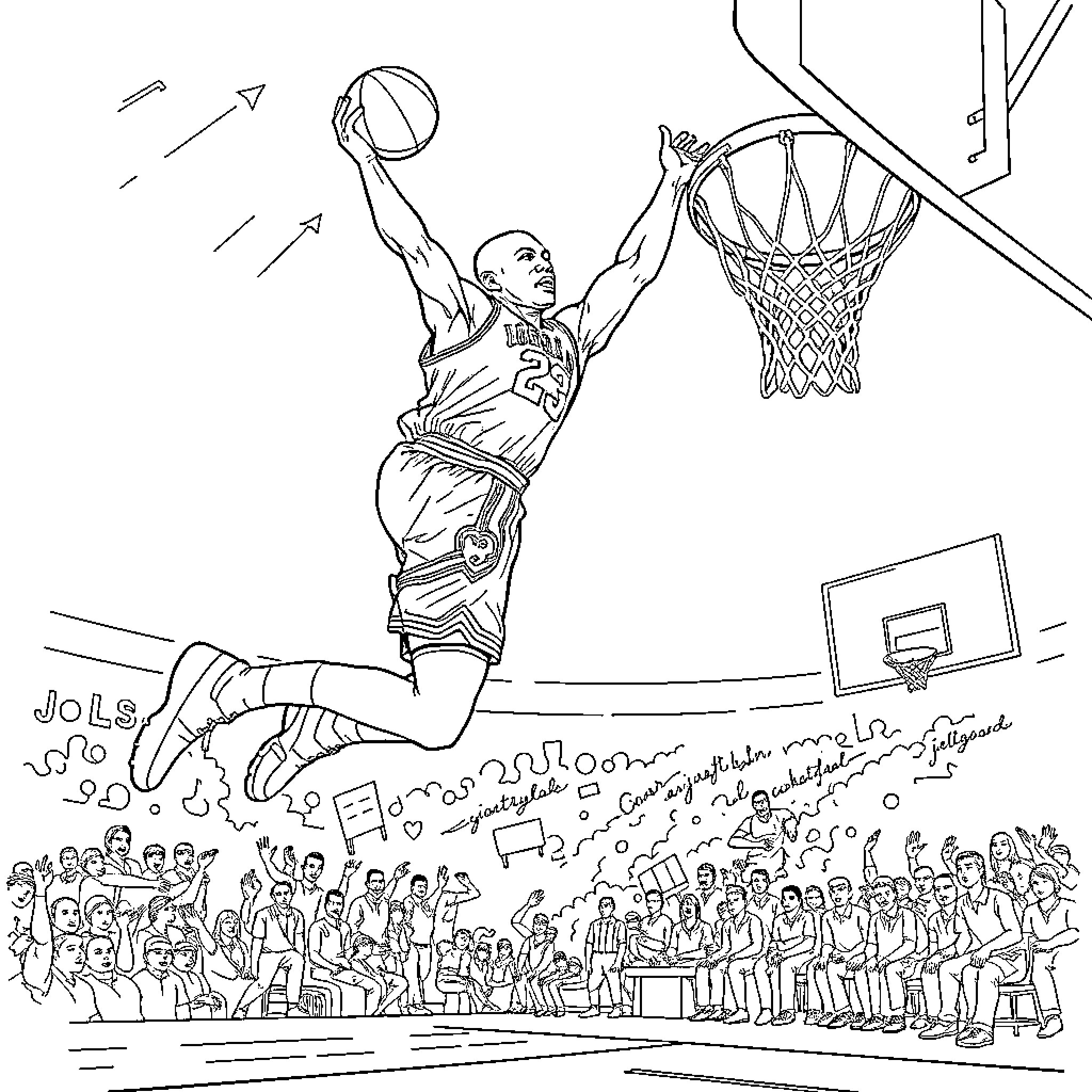 Michael Jordan's Memorable Basketball Slam Dunk Performance Coloring Page (free black-and-white line drawing printable PDF for all, from beginners to advanced learners, including children, teens, adults, and seniors)