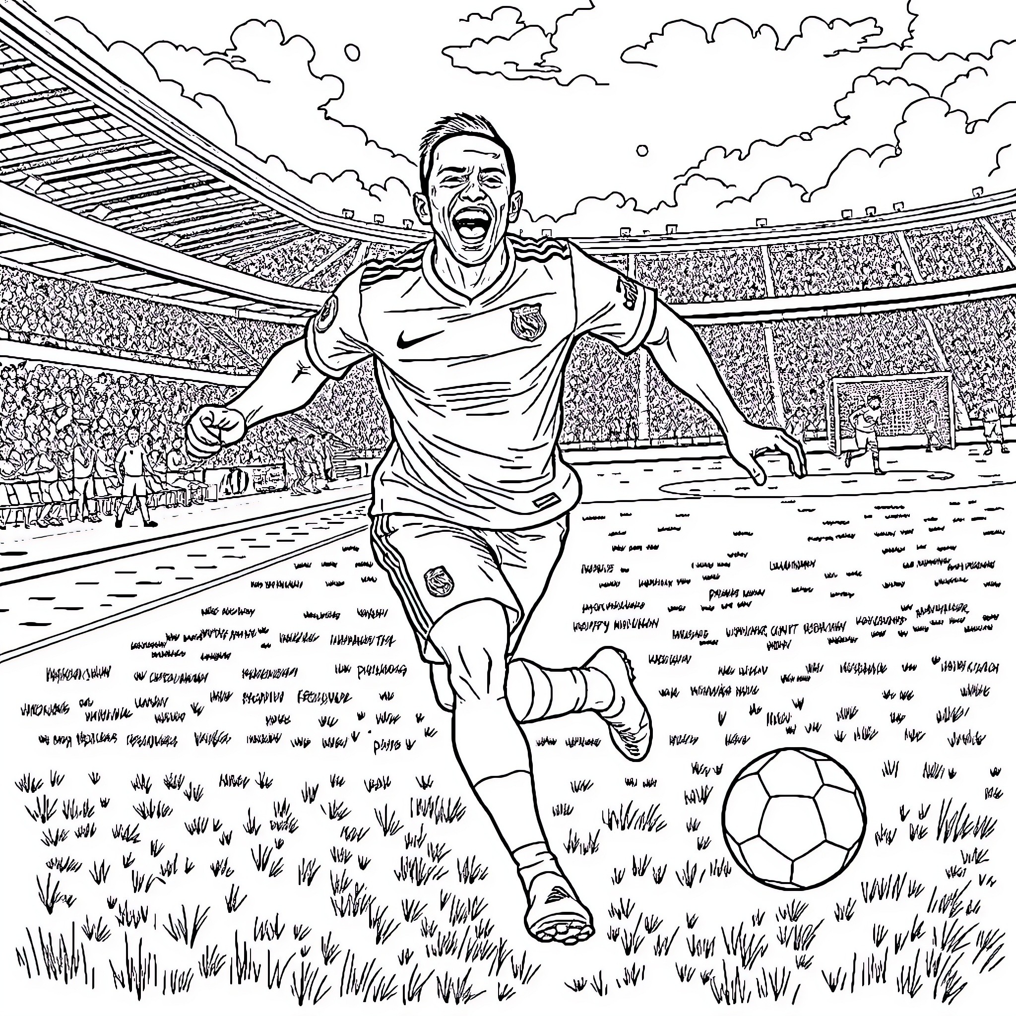 Mbappe Celebrating Goal in Soccer Stadium Coloring Page (free black-and-white line drawing printable PDF for all, from beginners to advanced learners, including children, teens, adults, and seniors)