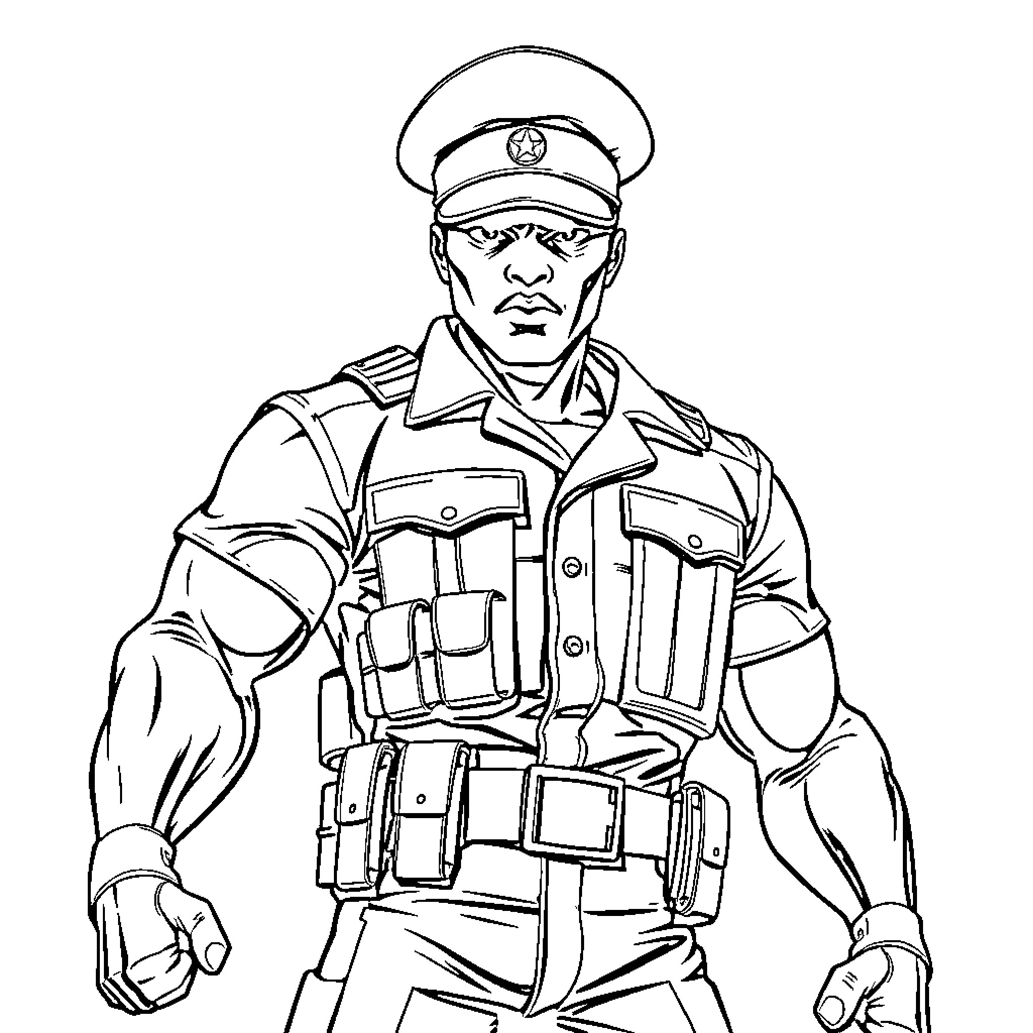 Miles Morales as a Determined Soldier in Uniform Coloring Page (free black-and-white line drawing printable PDF for all, from beginners to advanced learners, including children, teens, adults, and seniors)