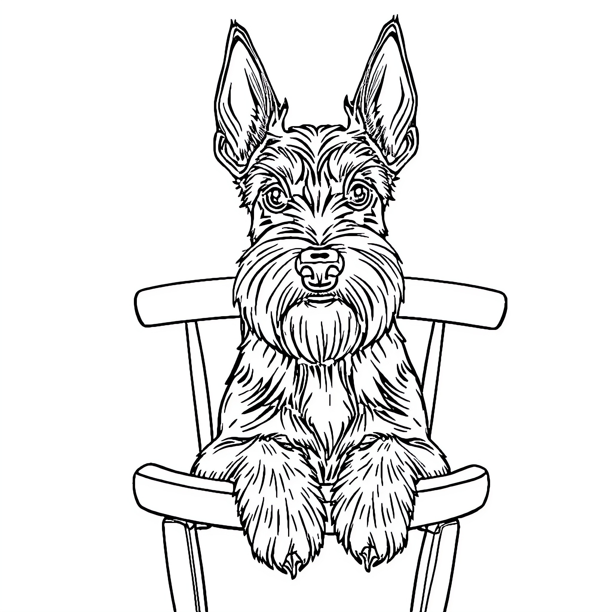 Schnauzer sitting in chair with attentive expression Coloring Page (free black-and-white line drawing printable PDF for all, from beginners to advanced learners, including children, teens, adults, and seniors)