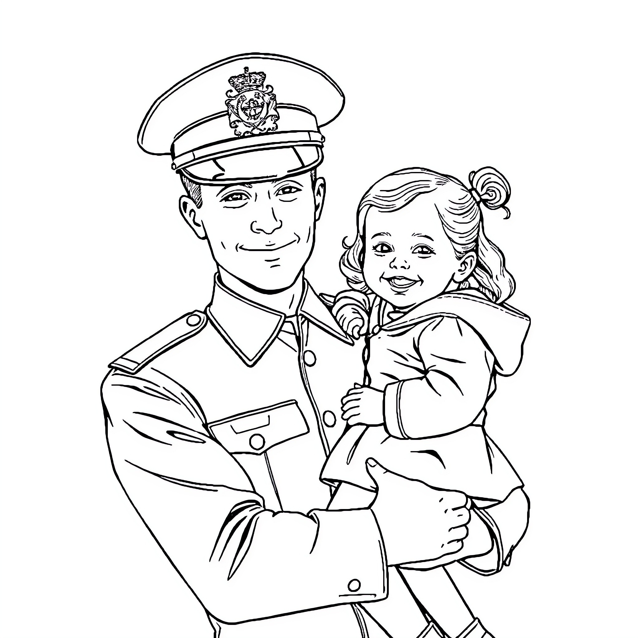 Technician in uniform comforting a young girl Coloring Page (free black-and-white line drawing printable PDF for all, from beginners to advanced learners, including children, teens, adults, and seniors)
