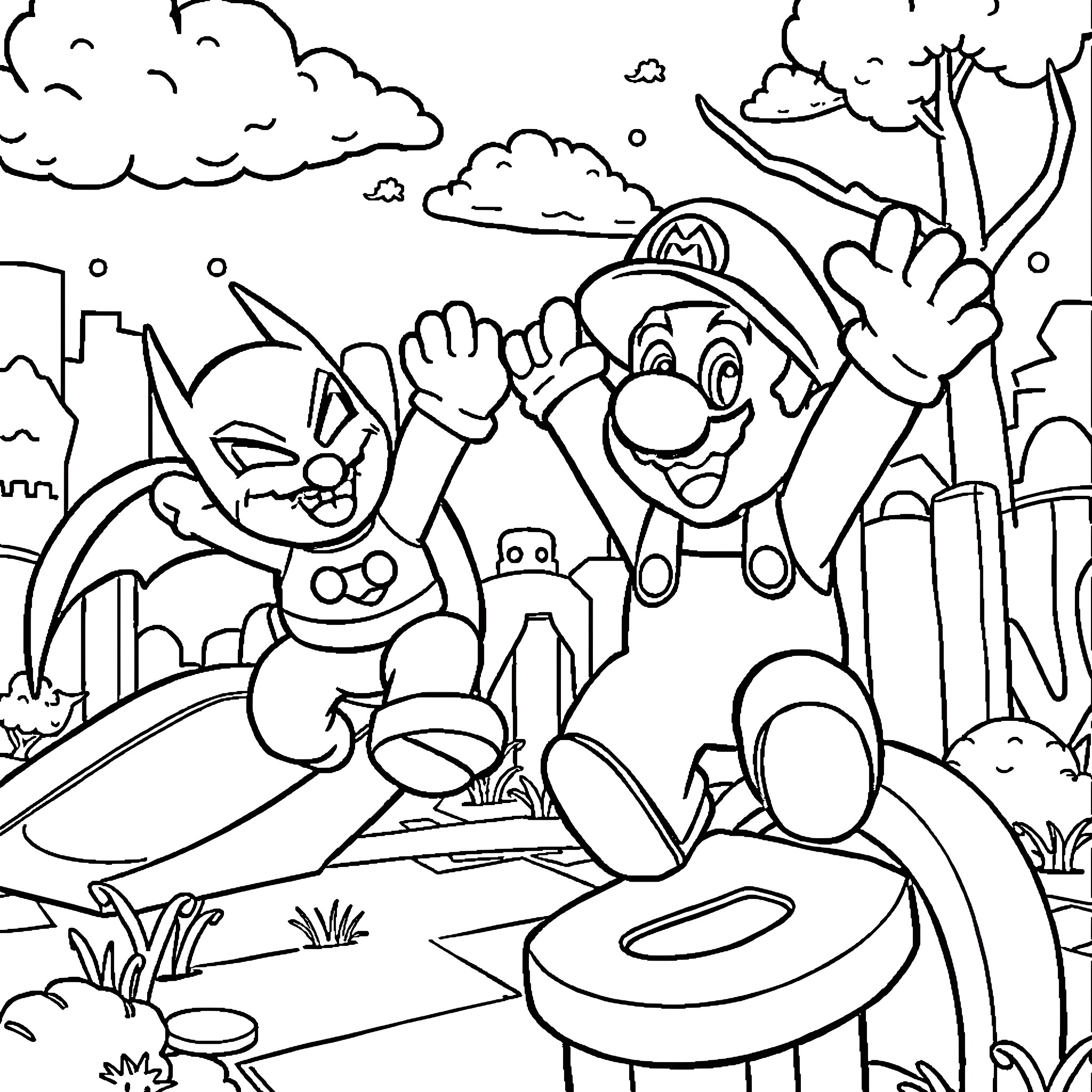 Mario and friends enjoying a playful adventure Coloring Page (free black-and-white line drawing printable PDF for all, from beginners to advanced learners, including children, teens, adults, and seniors)