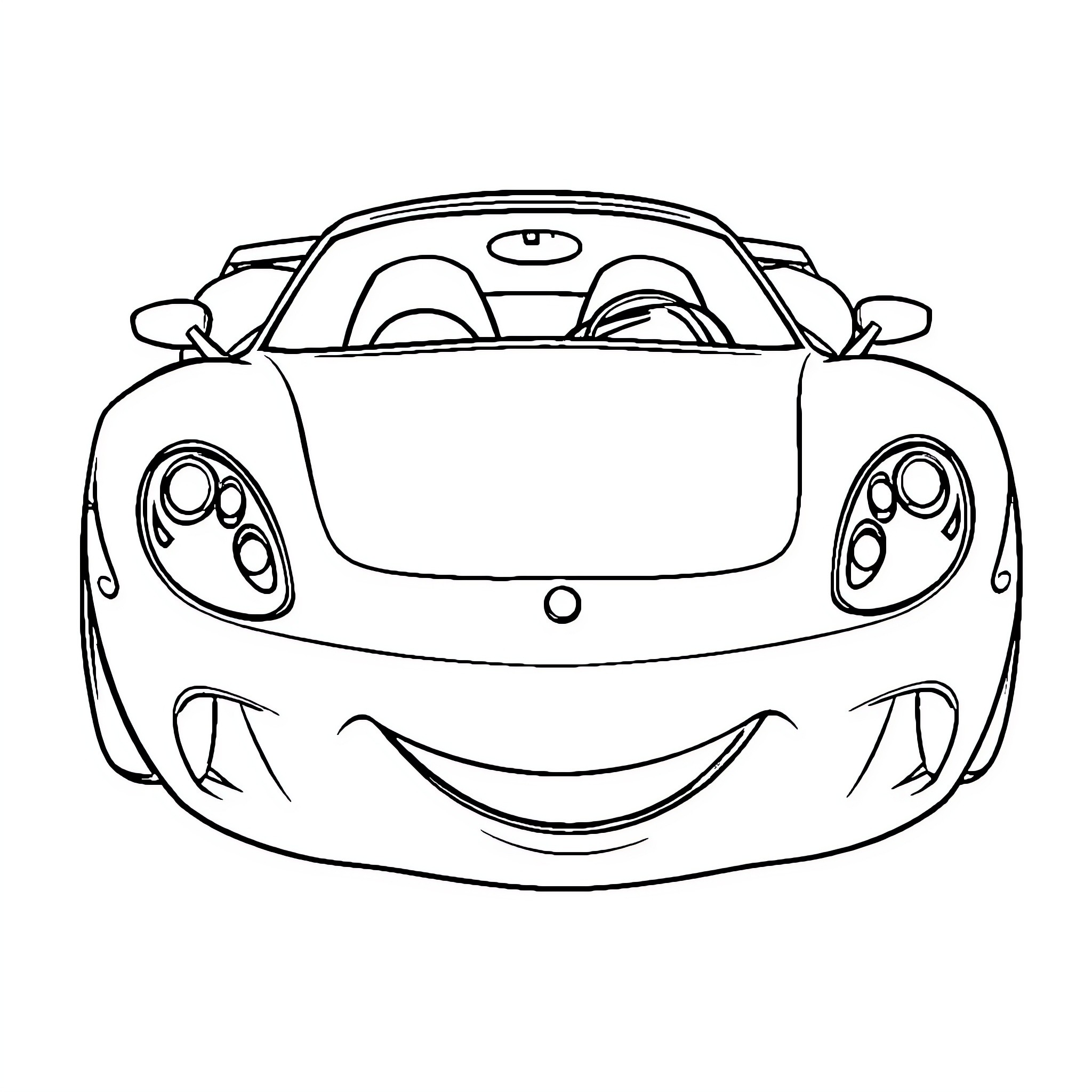 Sports Car with Animated Facial Expression Coloring Page (free black-and-white line drawing printable PDF for all, from beginners to advanced learners, including children, teens, adults, and seniors)