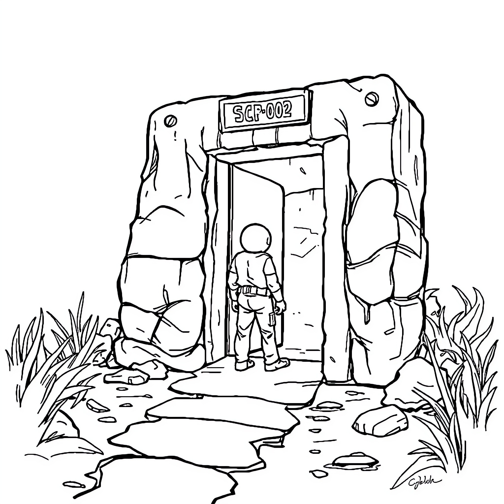 SCP 002: Lone individual at mysterious containment unit Coloring Page (free black-and-white line drawing printable PDF for all, from beginners to advanced learners, including children, teens, adults, and seniors)