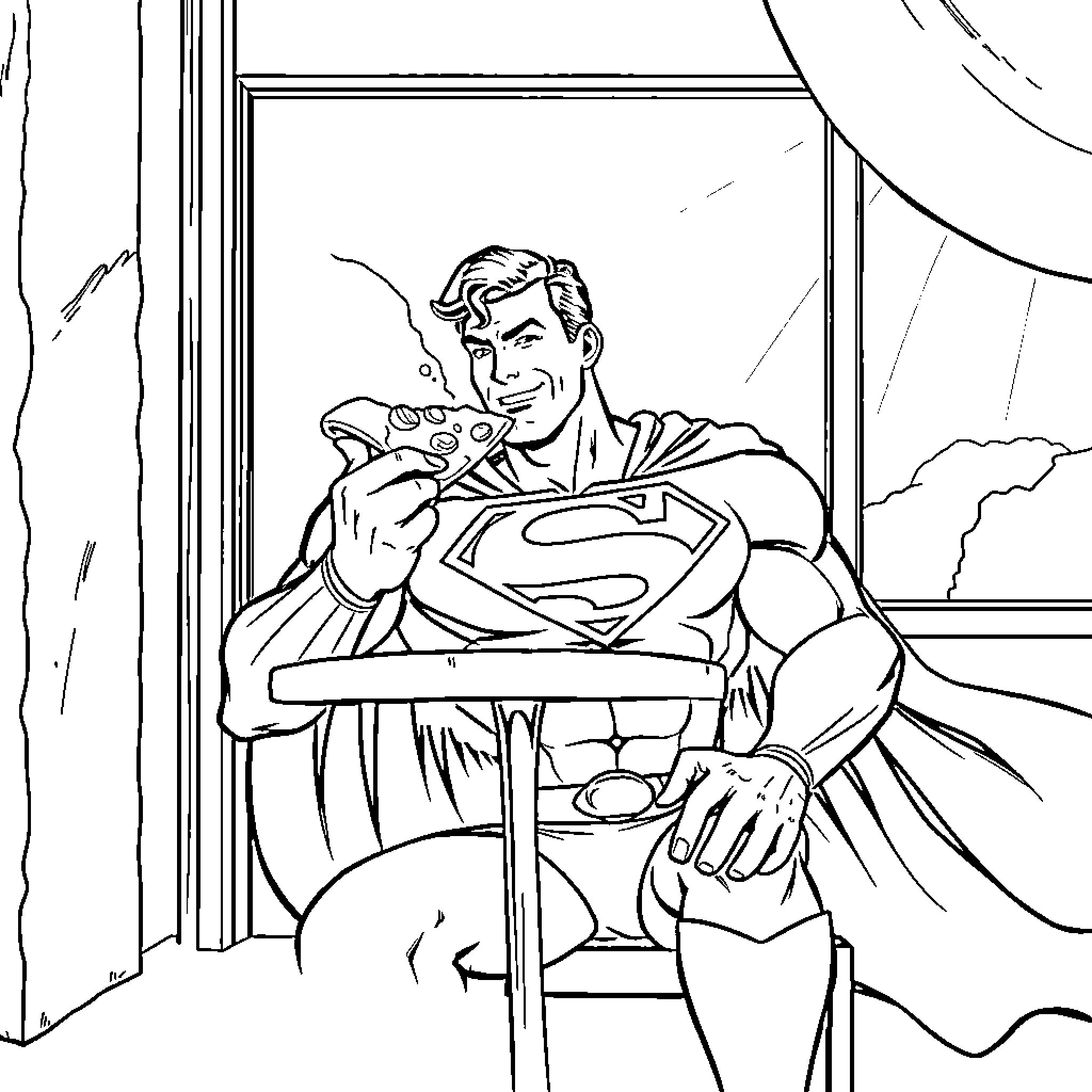 Superman in heroic pose at his desk Coloring Page (free black-and-white line drawing printable PDF for all, from beginners to advanced learners, including children, teens, adults, and seniors)
