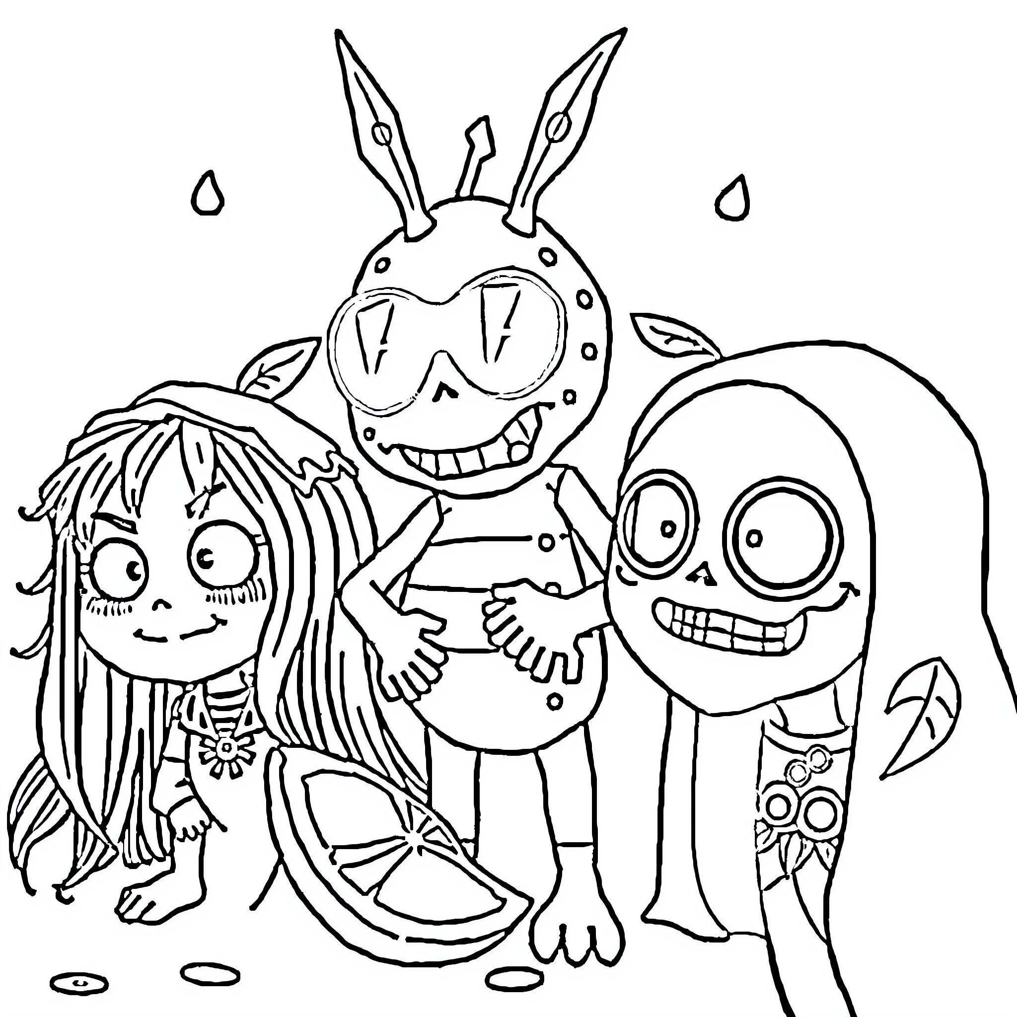 Lemon Slayer: Quirky Characters Embrace Adventure Coloring Page (free black-and-white line drawing printable PDF for all, from beginners to advanced learners, including children, teens, adults, and seniors)