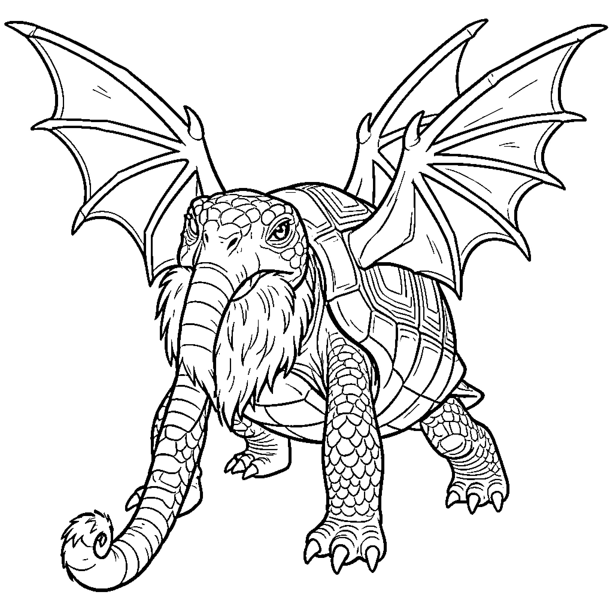 Turtle with majestic dragon wings Coloring Page (free black-and-white line drawing printable PDF for all, from beginners to advanced learners, including children, teens, adults, and seniors)